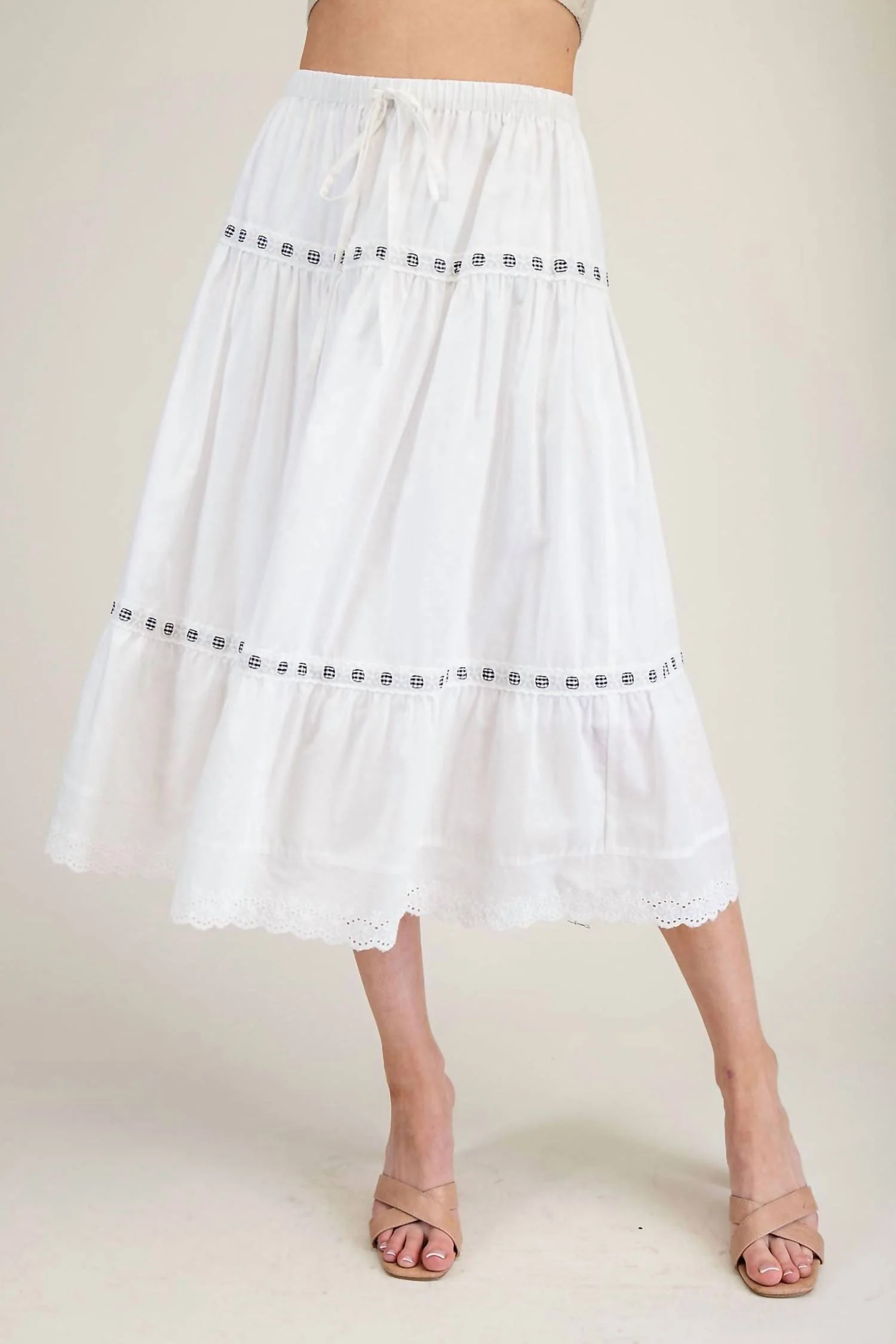 Tiered Lace Trim Midi Skirt In White