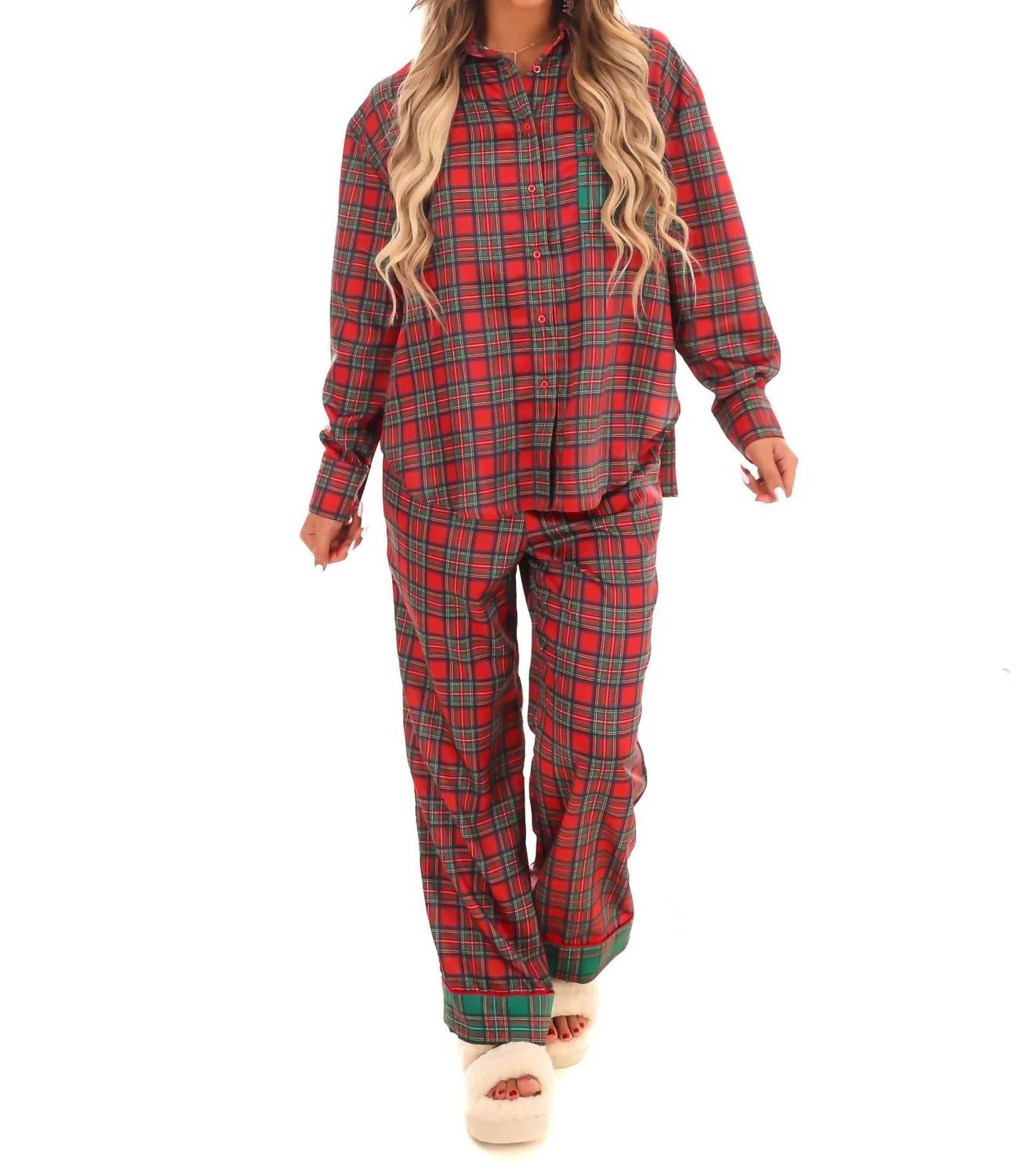 Silent Night Plaid Christmas Pajama Set In Red Multi