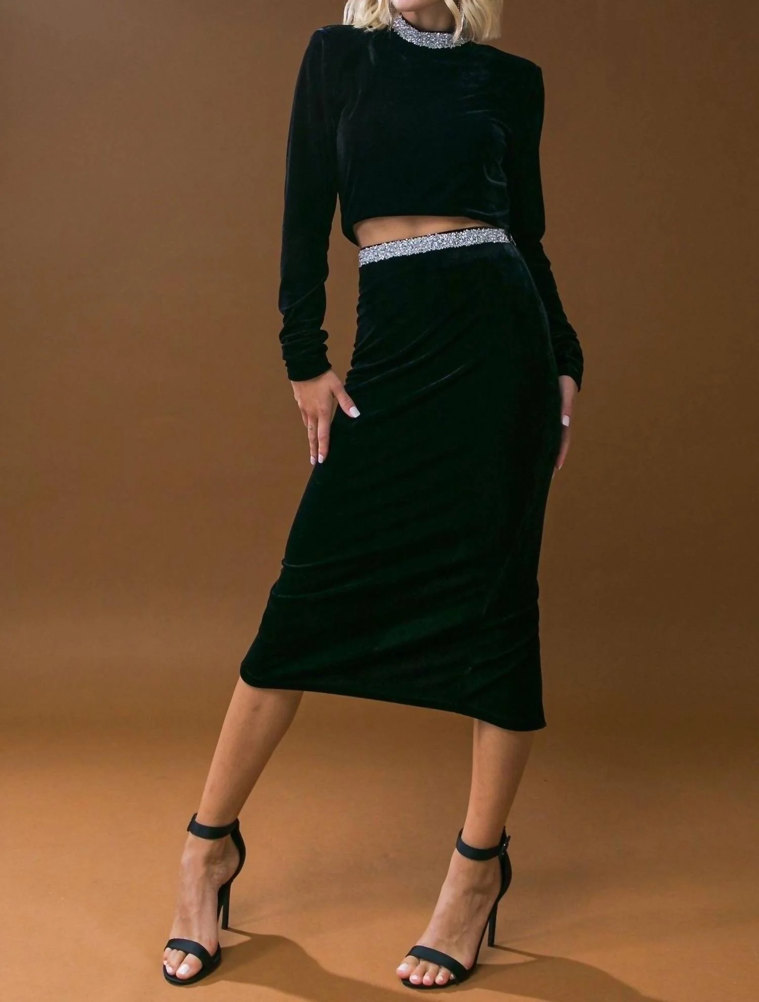 Rhinestone Embellished Velvet Skirt In Black