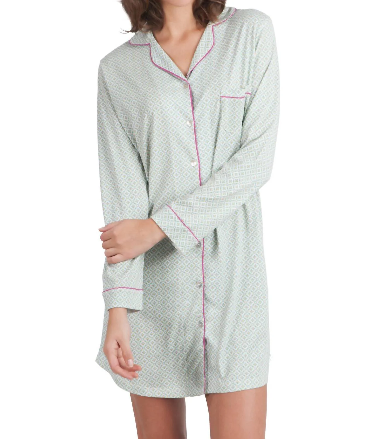 Quinn Long Sleeve Nightshirt In Blue Geometric Print