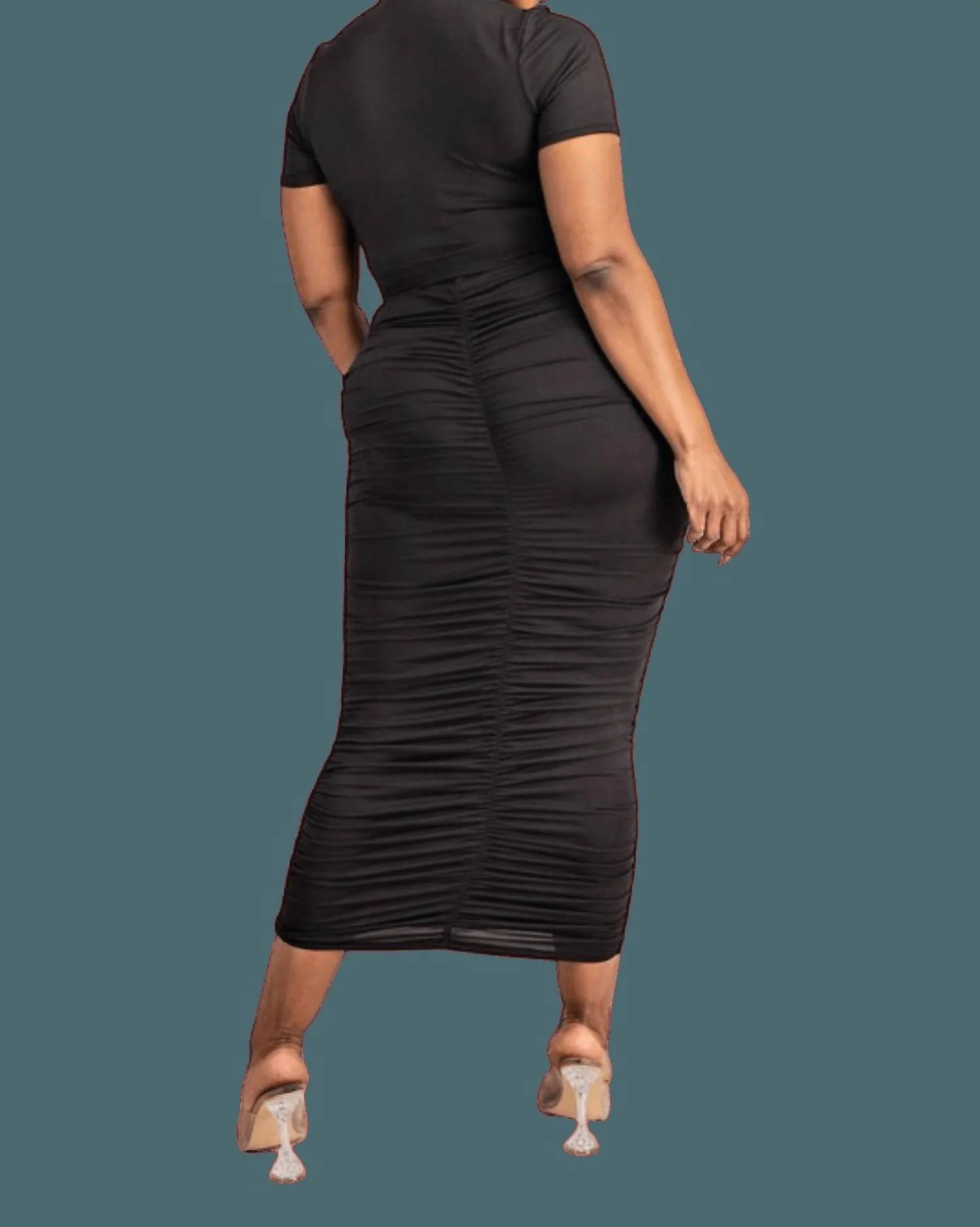 Two Piece Short Sleeve Ruched Top And Skirt Set In Black