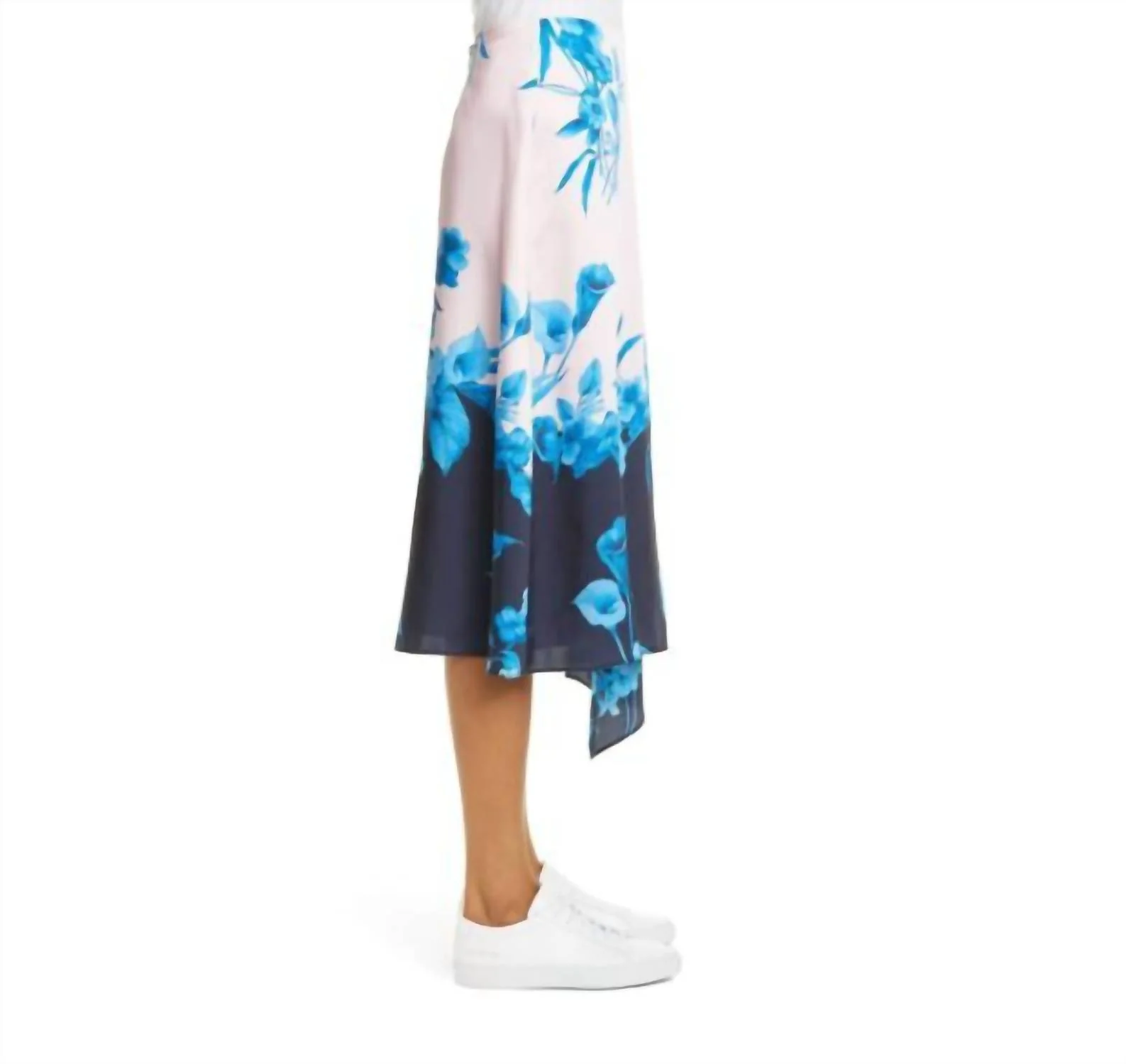 Floral Asymmetrical Satin Midi Skirt In Pink