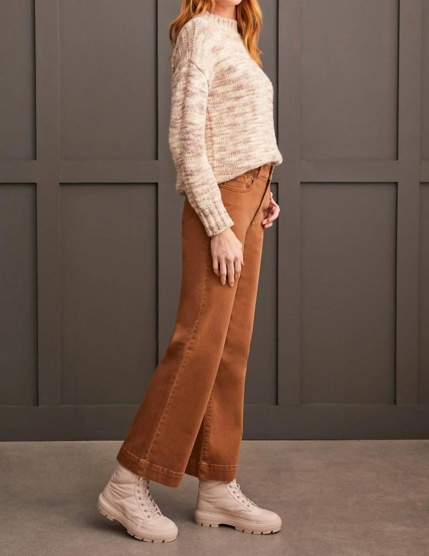 Fly Front Wide Leg Pants In Walnut