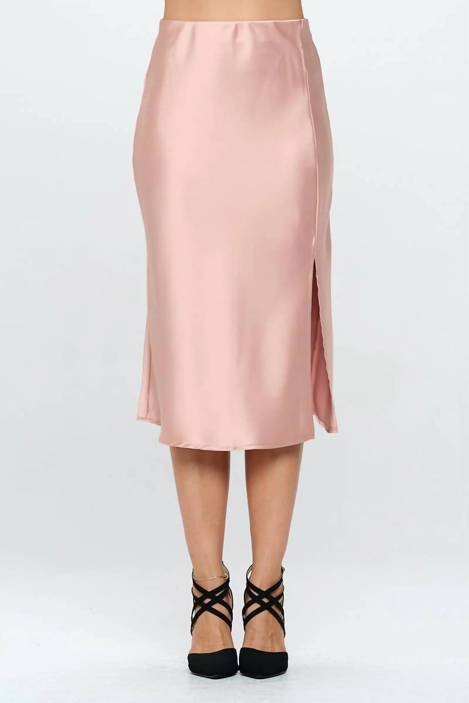 Solid Satin Midi Skirt With Slit In Pink