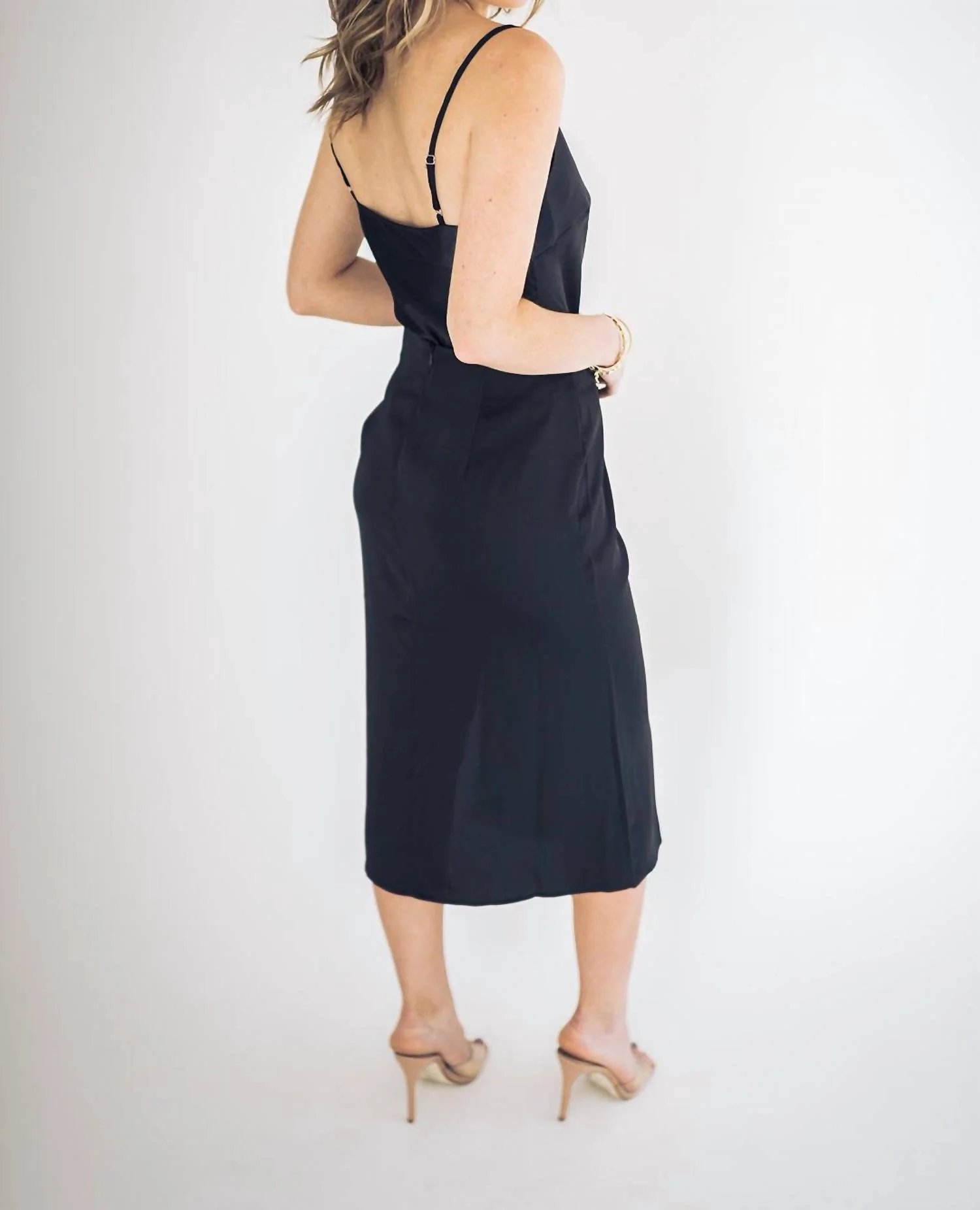 Aniyah Satin Button Detail Midi Skirt In Black