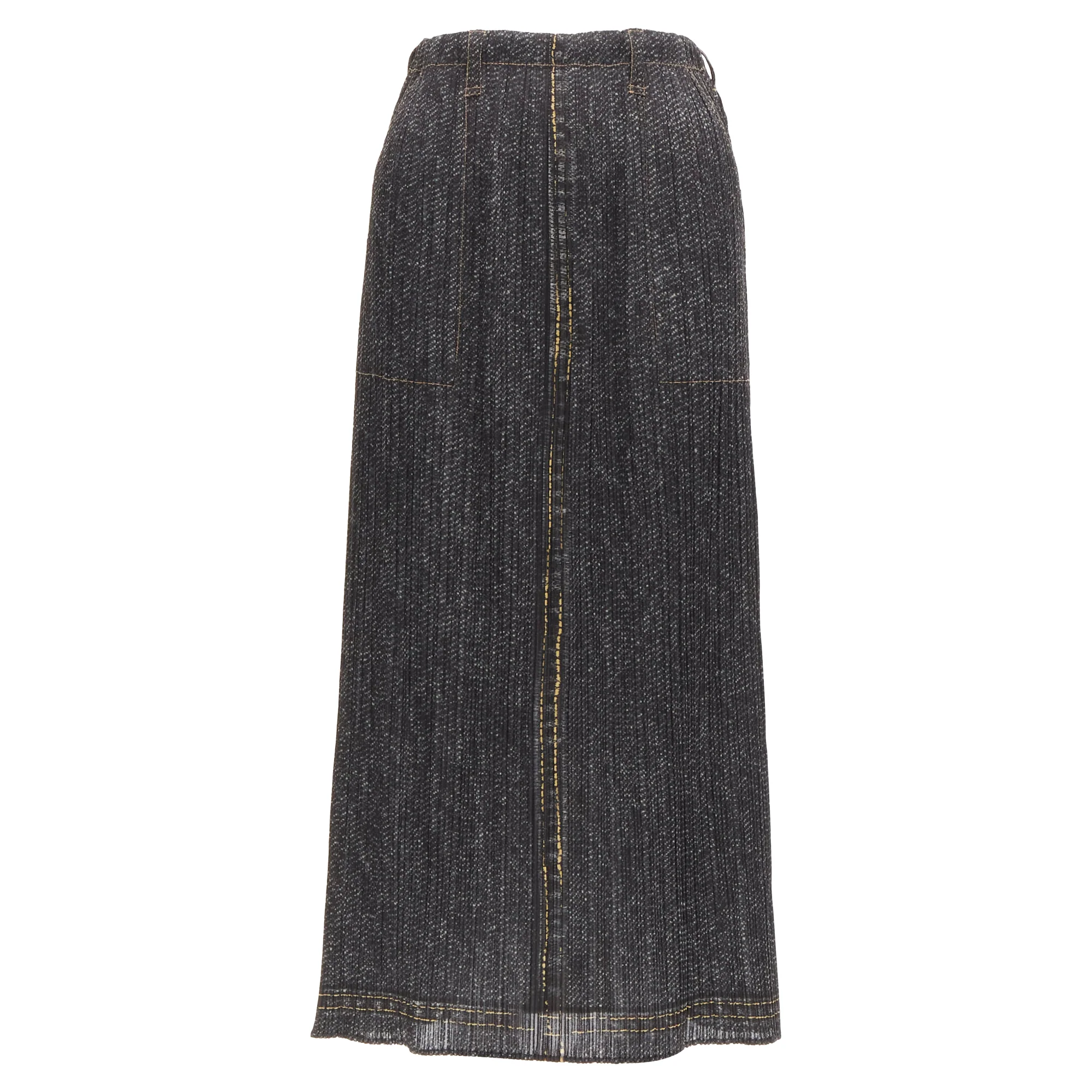 Issey Miyake Pleats Please overstitched denim tromp loeil skirt