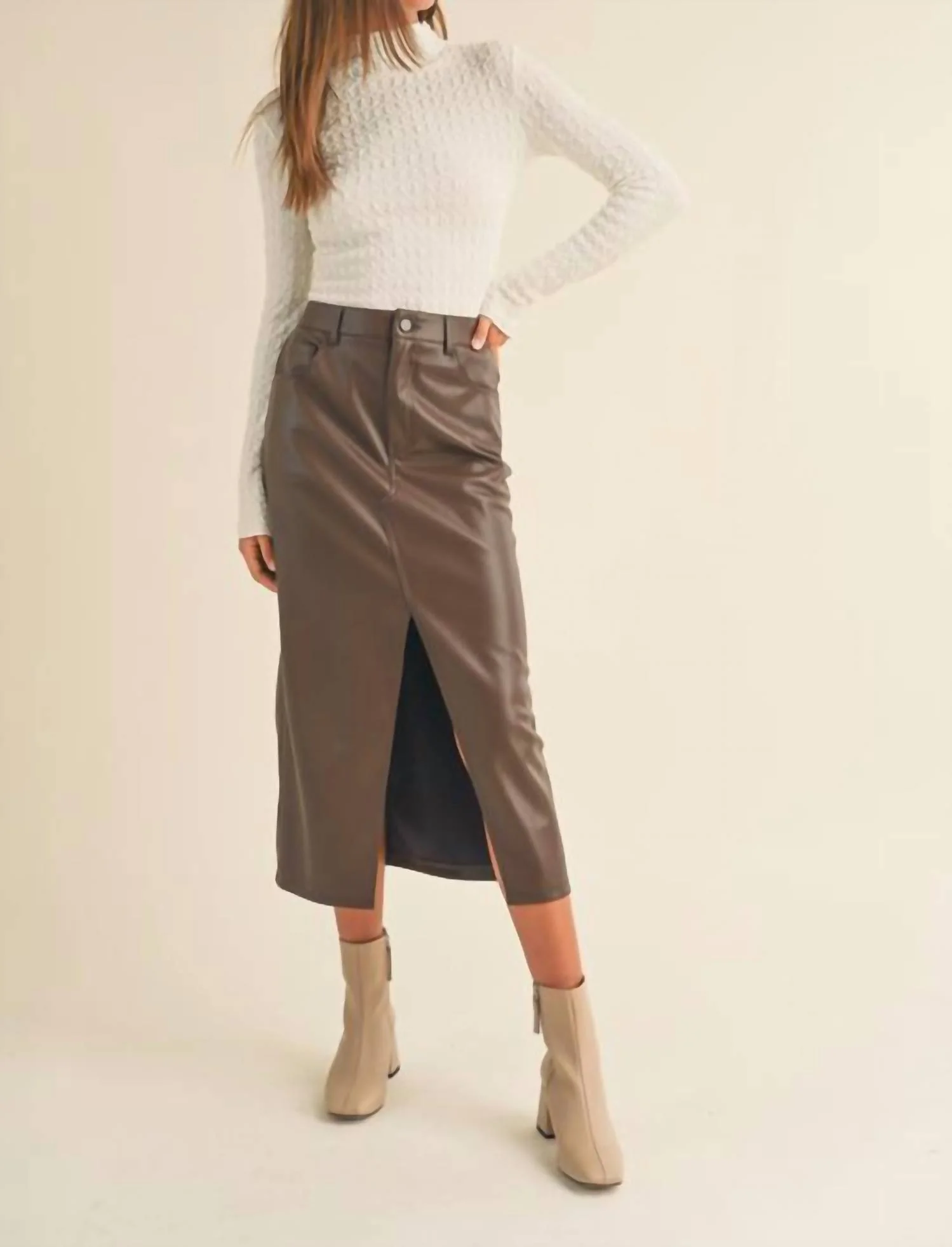 Pleather Slit Front Skirt In Brown