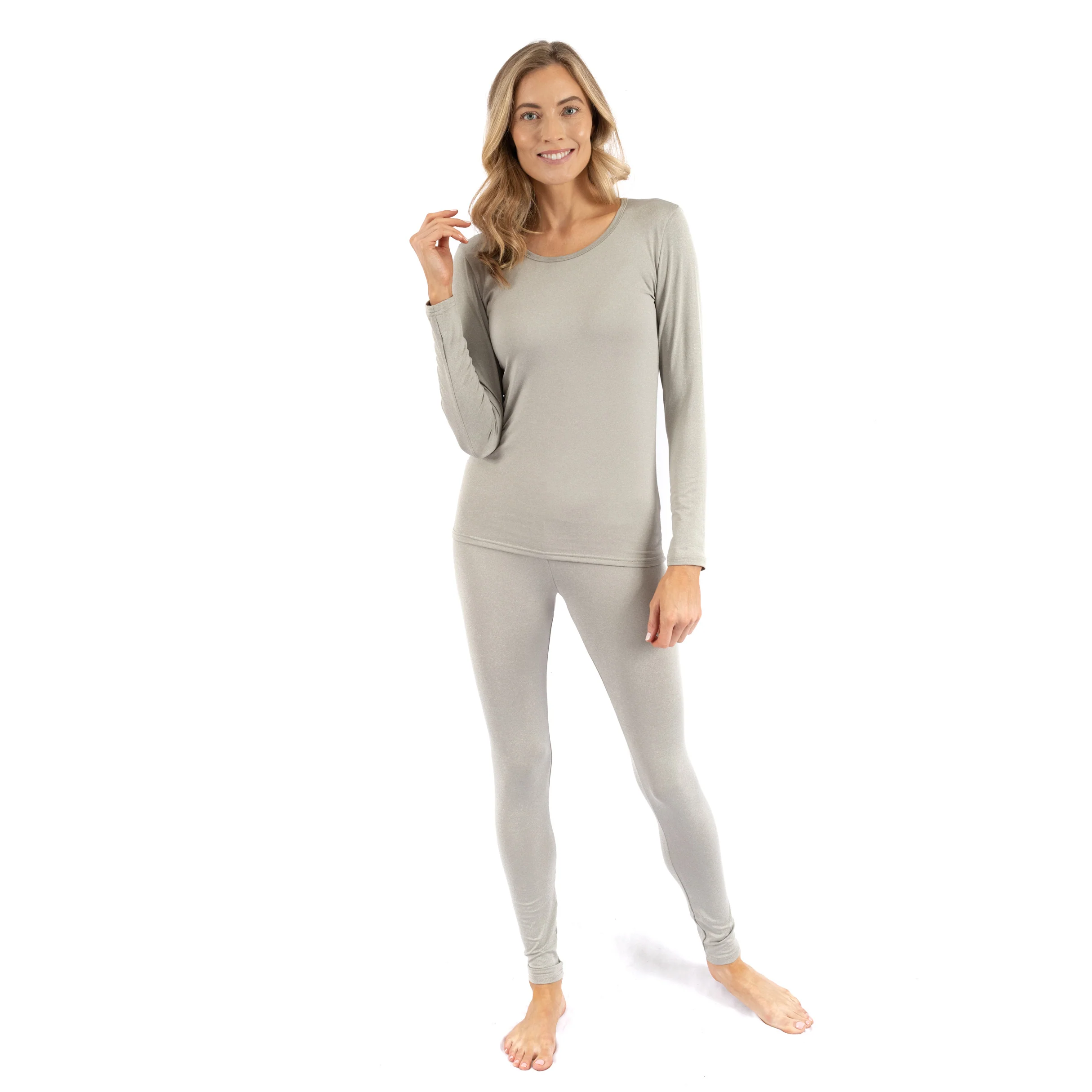 Womens Two Piece Neutral Solid Thermal Pajamas