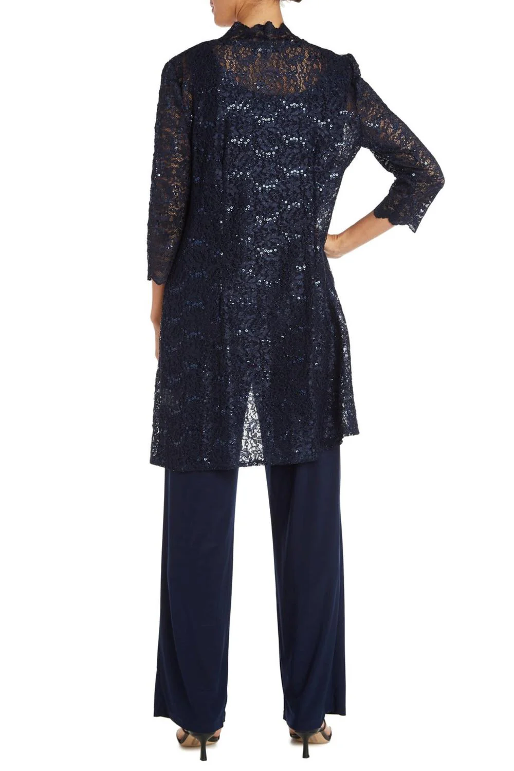 Lace 3/4 Sleeve 3-Piece Pants Set In Navy