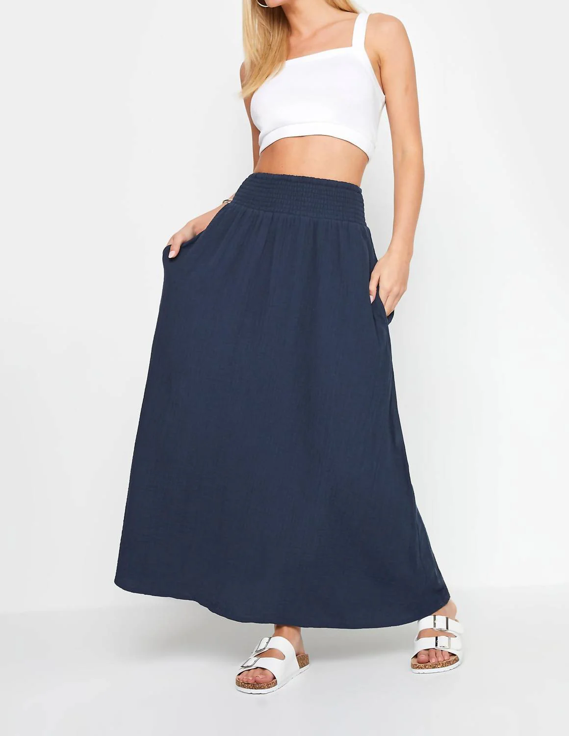 Christy Crinkle Midi Skirt In Navy
