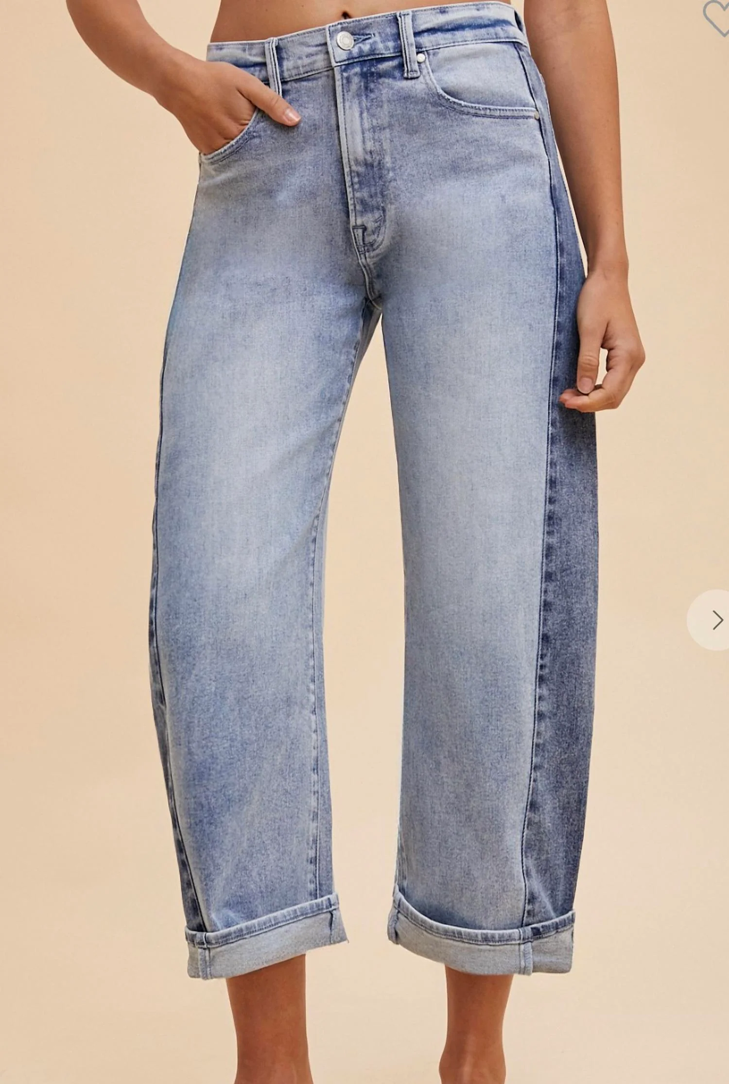 Two Tone Side Panel Stretch Barrel Leg Crop Jean In Blue Denim