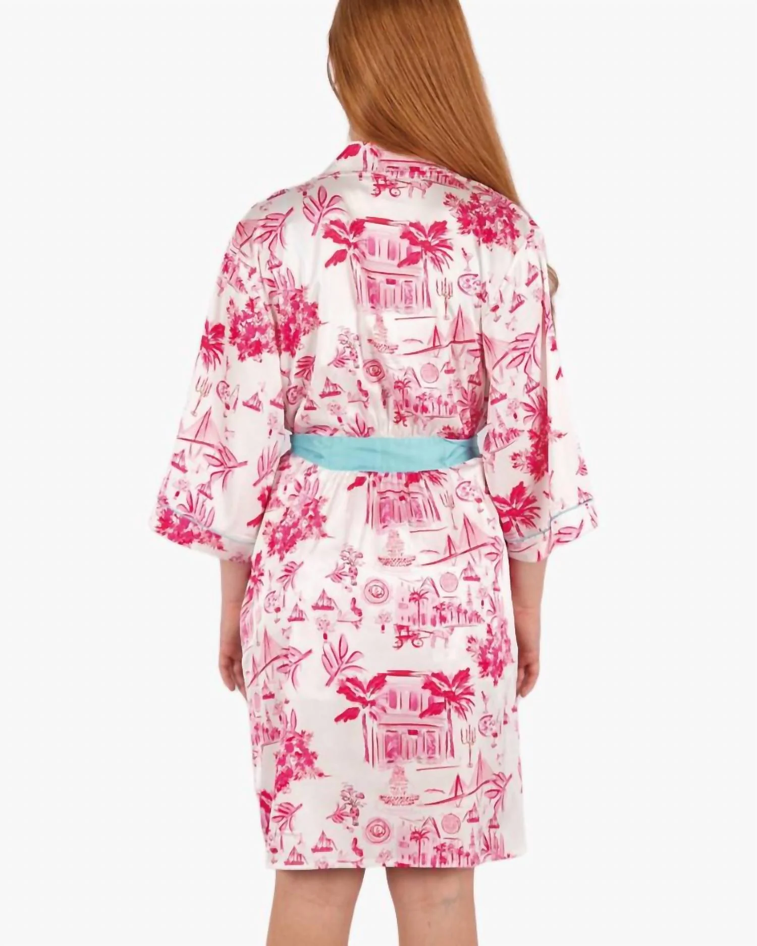 Charleston Toile Satin Robe In White/pink