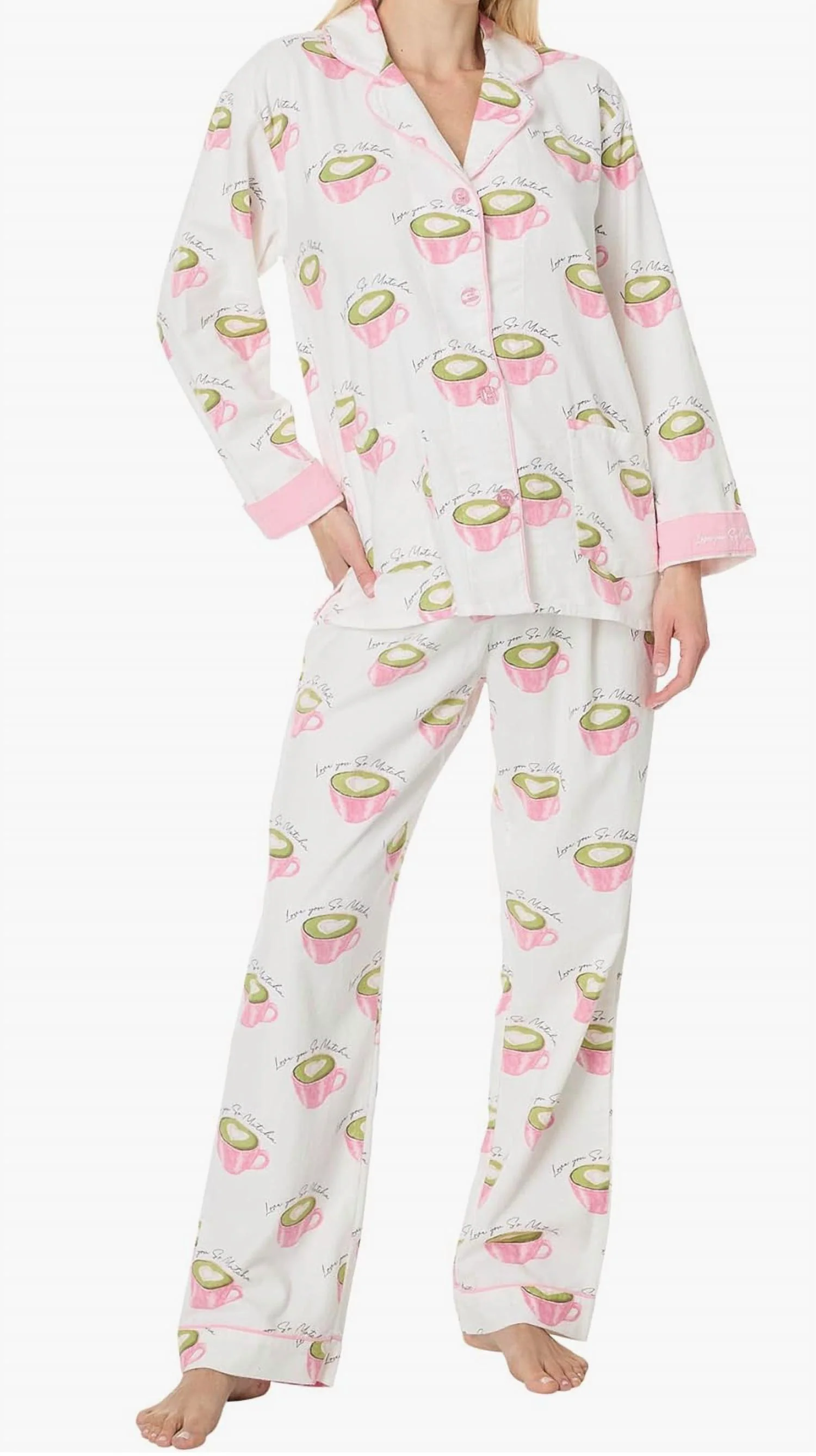 Love You Matcha Flannel Set Pajama In White Linen