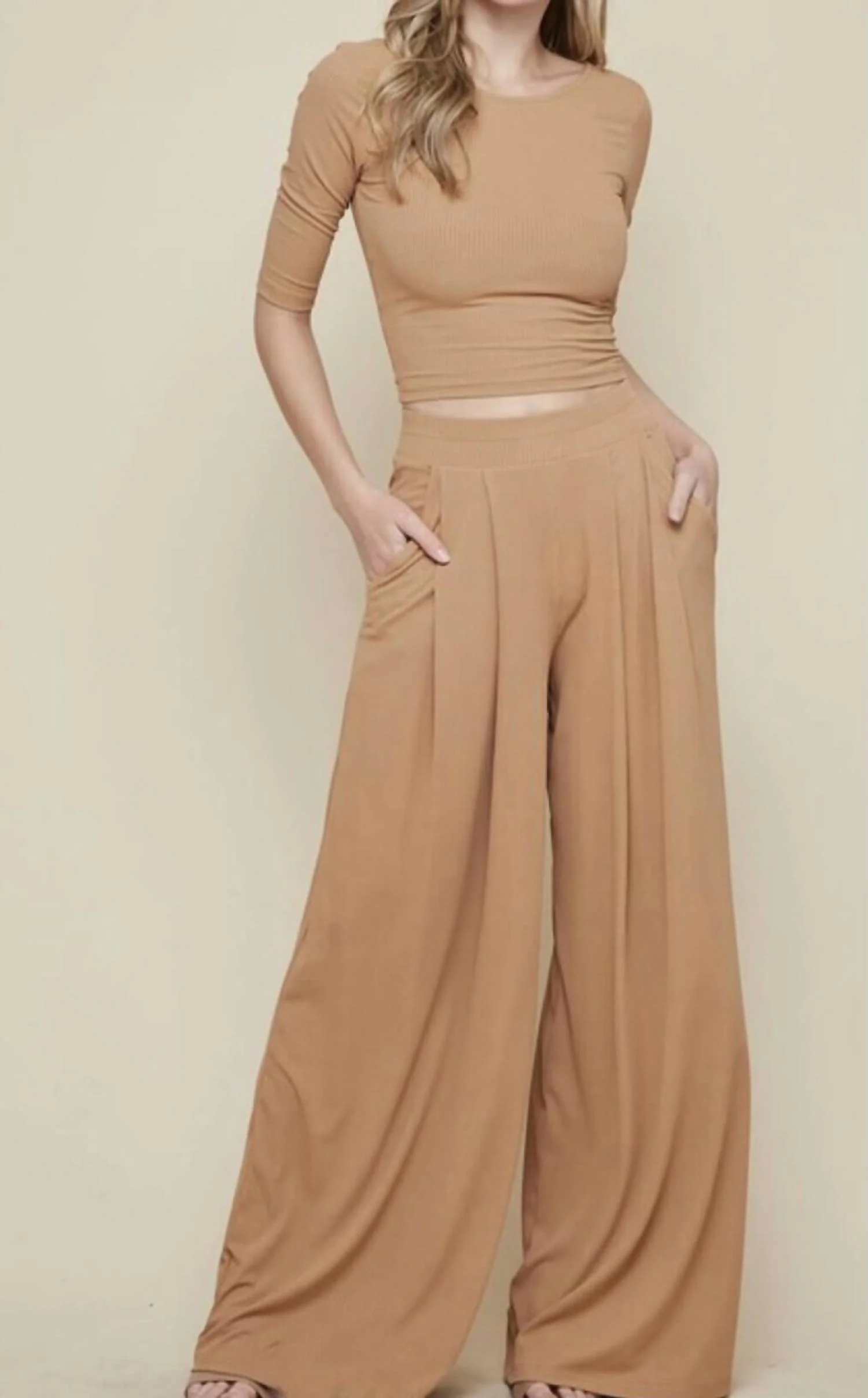 The Heather Set: Quarter Sleeve Ribbed Wide Leg Pant Set In Tan
