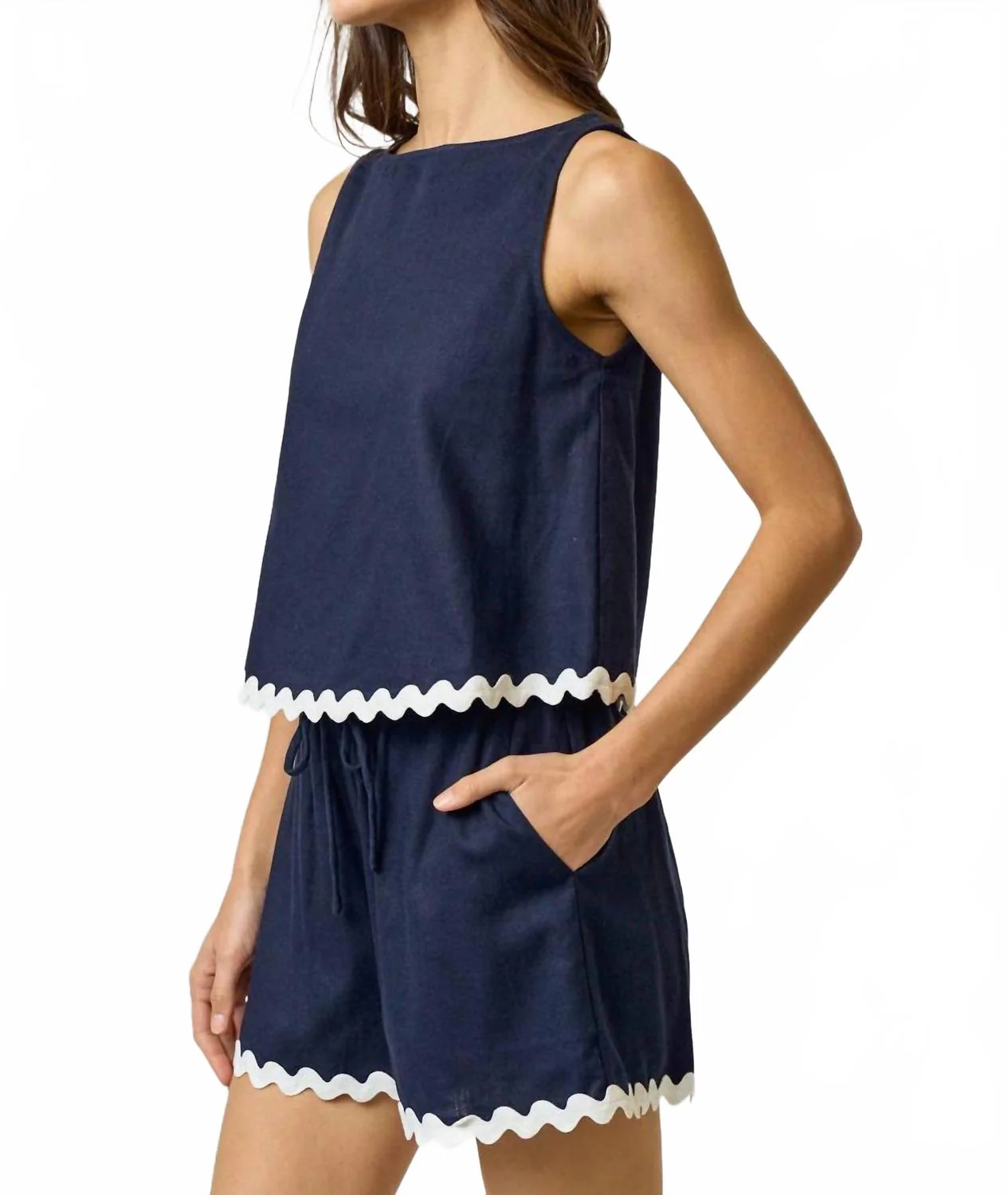 Linen Scallop Edge Sleevess Top And Short Set In Navy