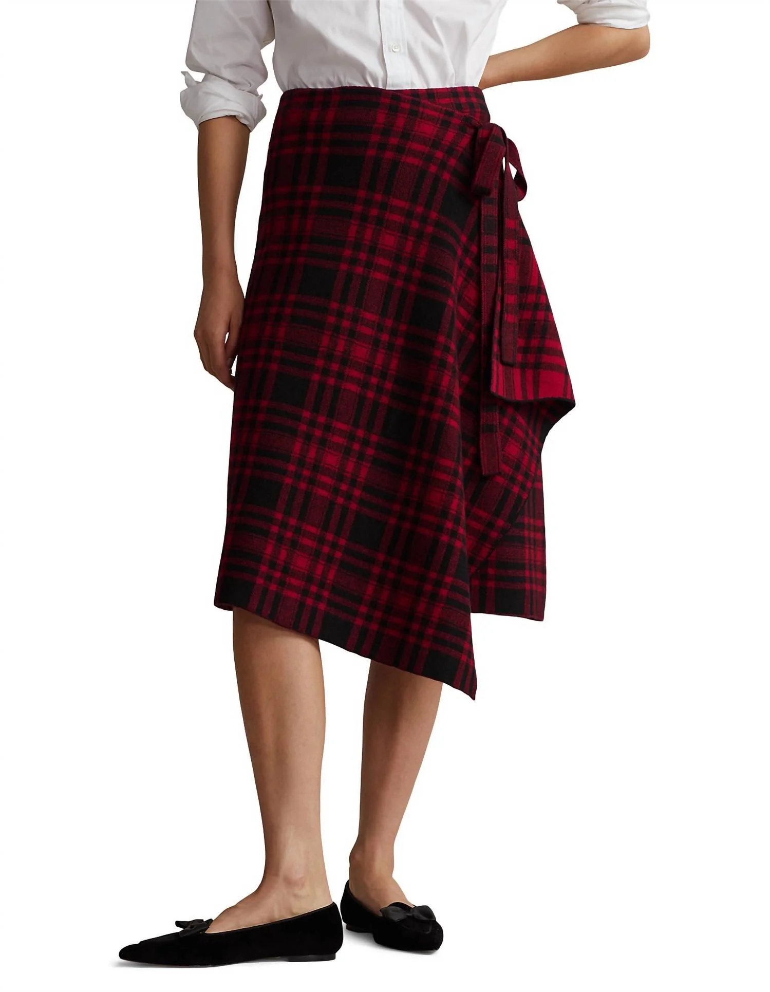 Plaid-Check Wool Wrap Skirt In Red/black Plaid