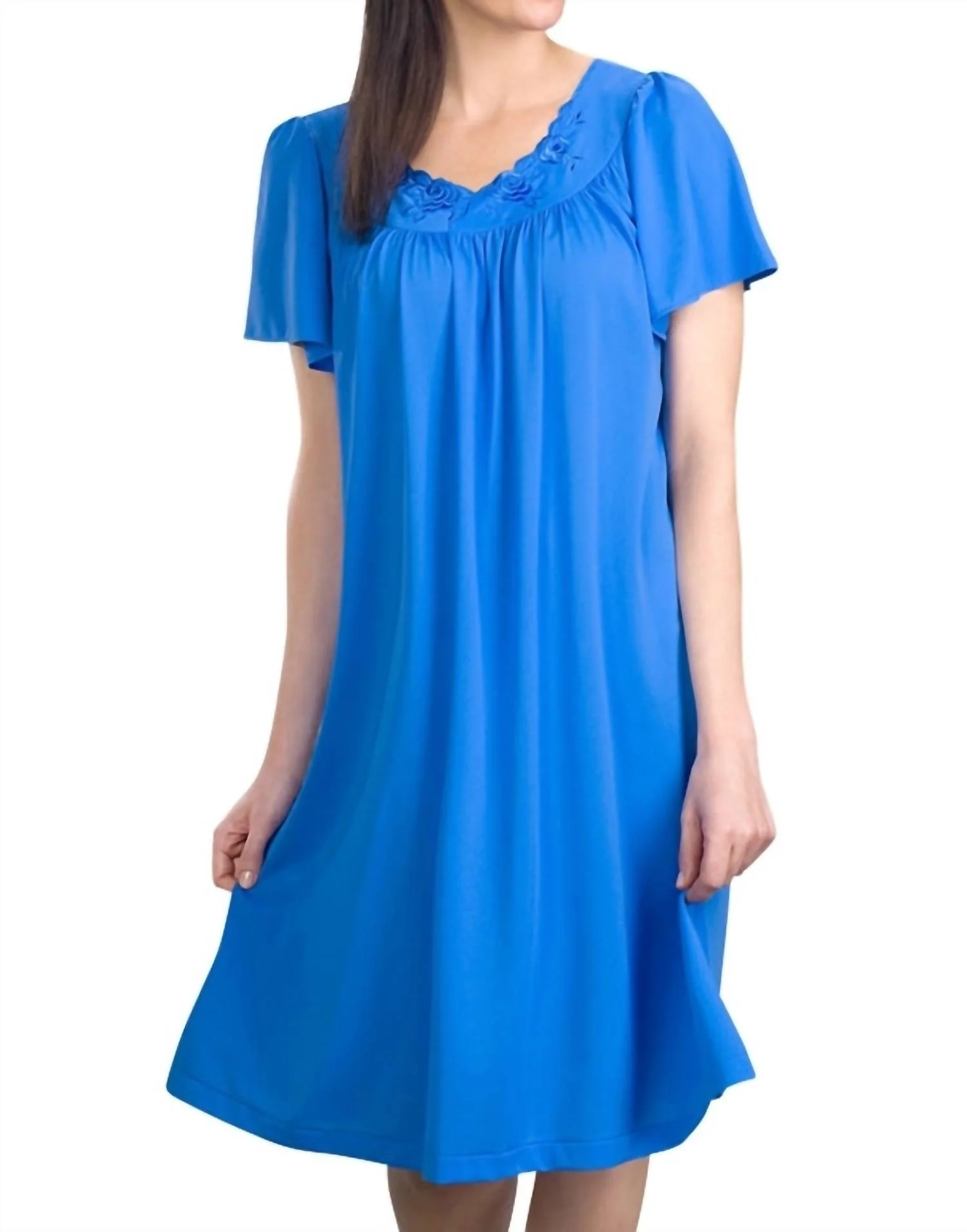 Short Gown With Flower Petal Embroidery And Flutter Sleeves In Sapphire