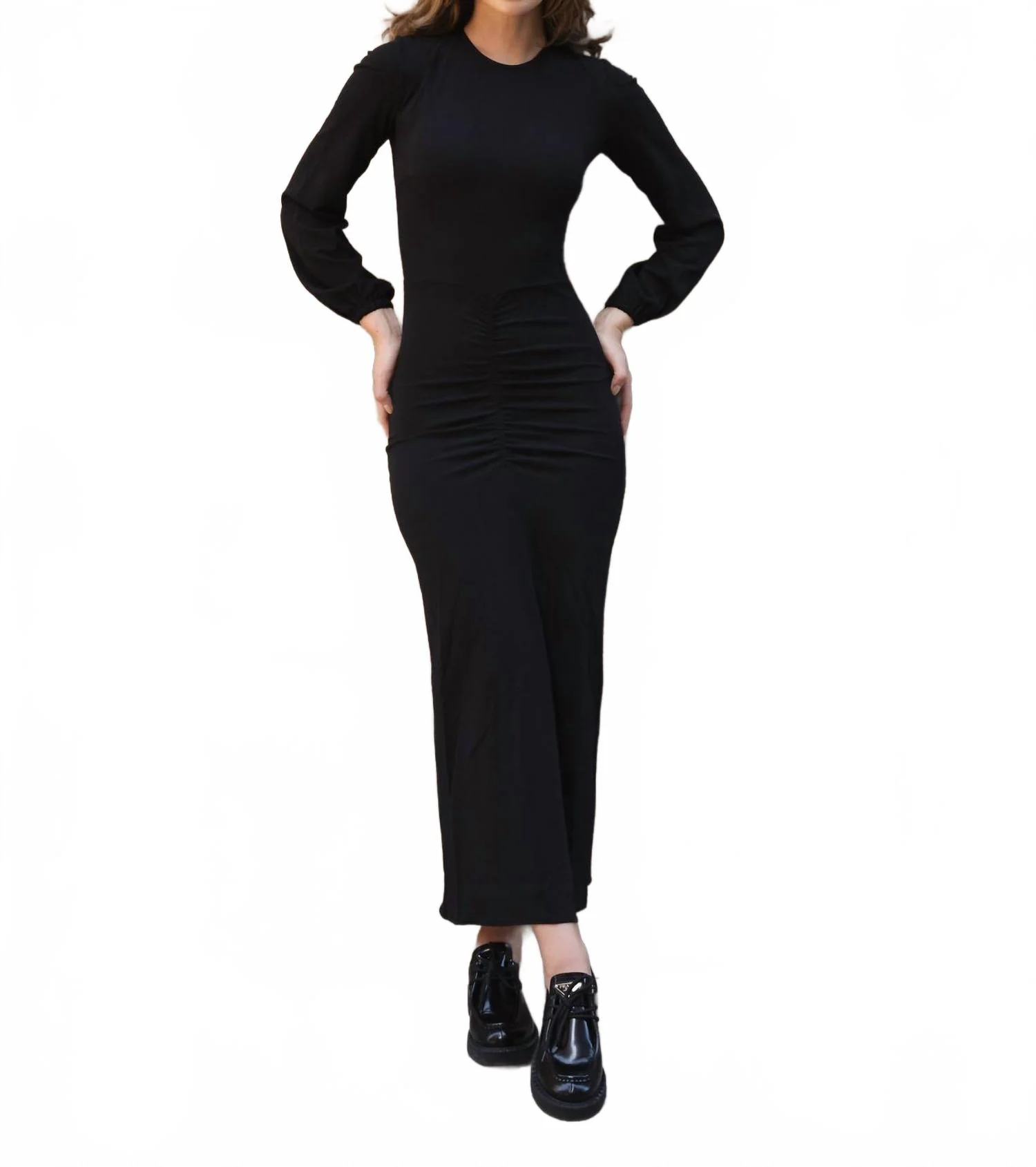 Puffed Sleeve Ruched Front Midi Dress In Black