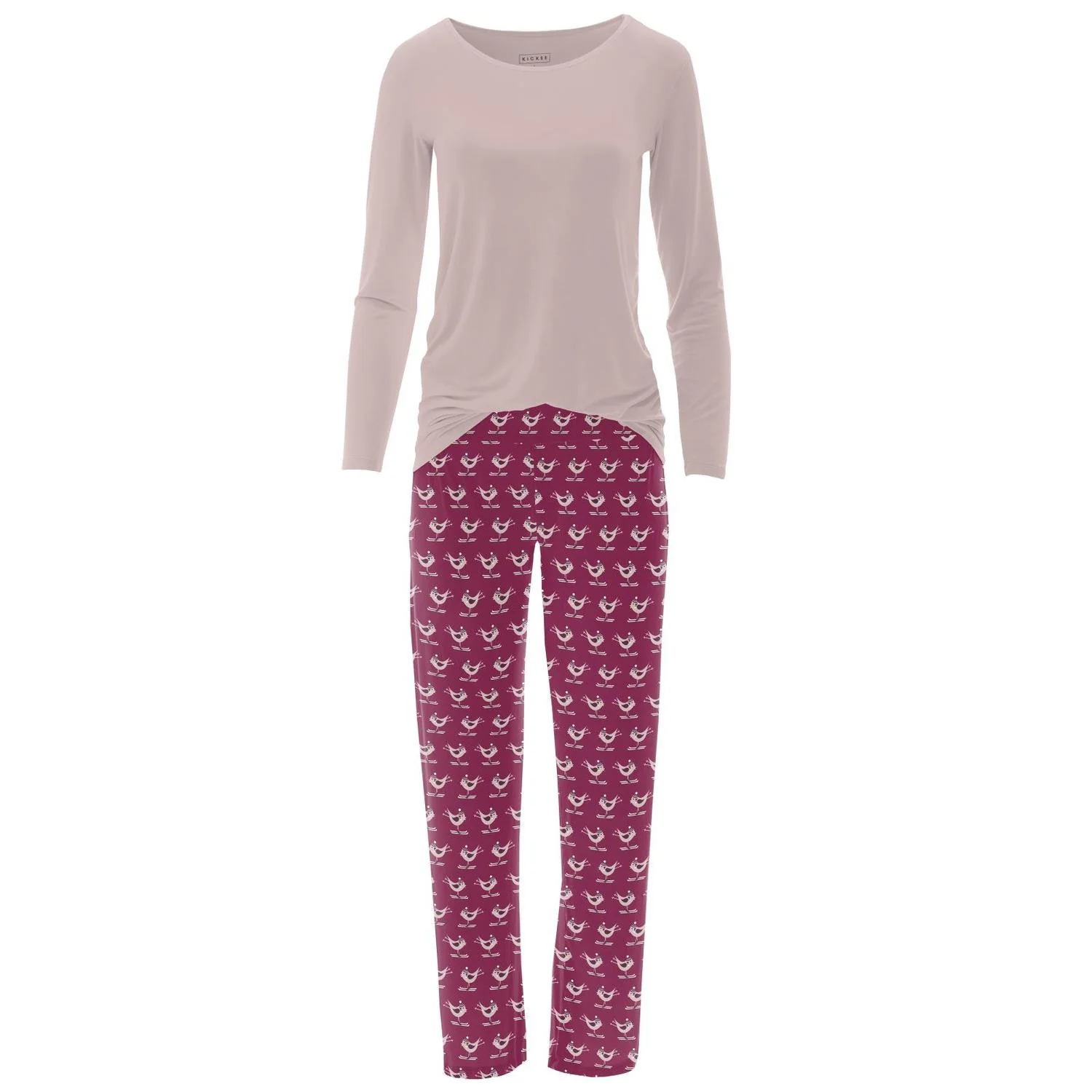 Women's Bamboo Print Long Sleeve Loosey Goosey Tee & Pajama Pants Set In Berry Ski Birds