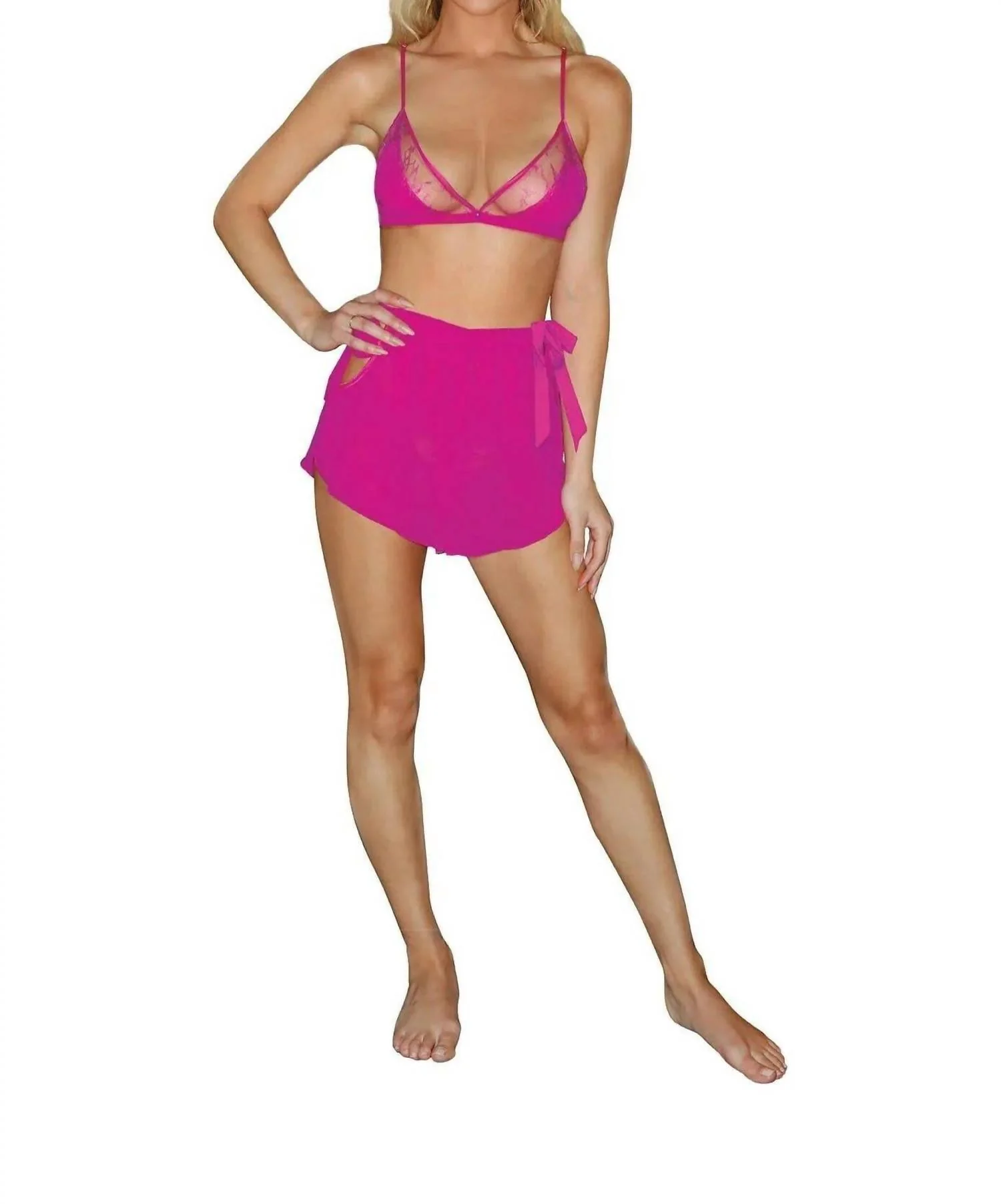 Shiffon & Lace Pajama Set In Azalea