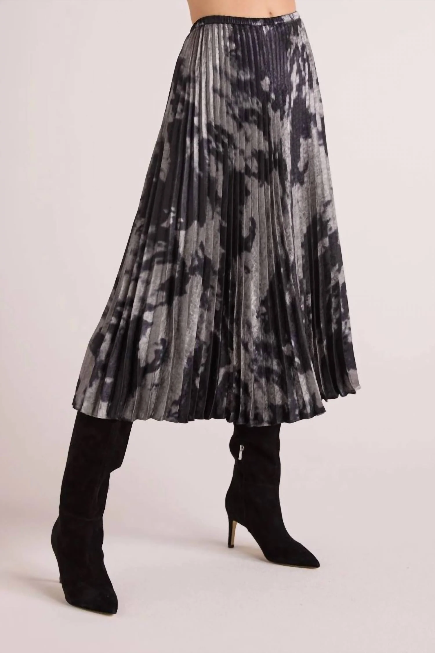 Hand Pleated Midi Skirt In Silver Dye Print