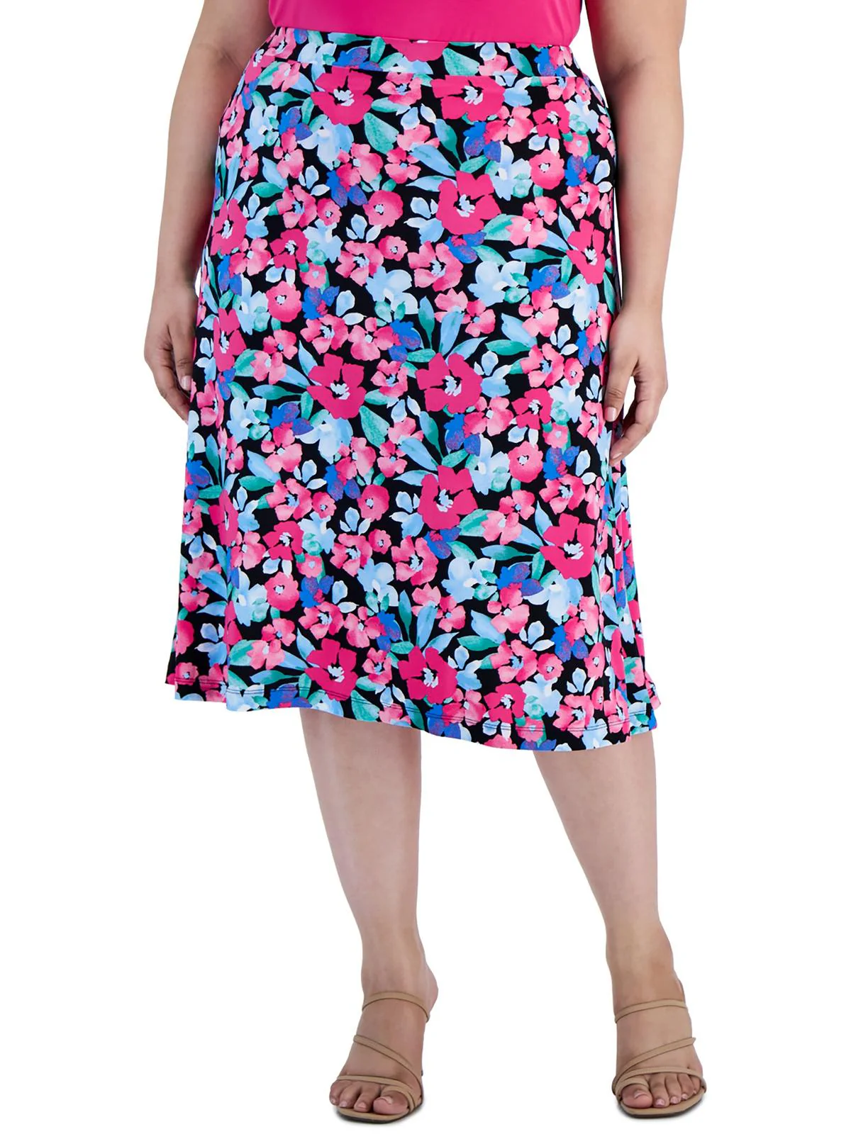Plus Womens Floral Print Polyester Midi Skirt
