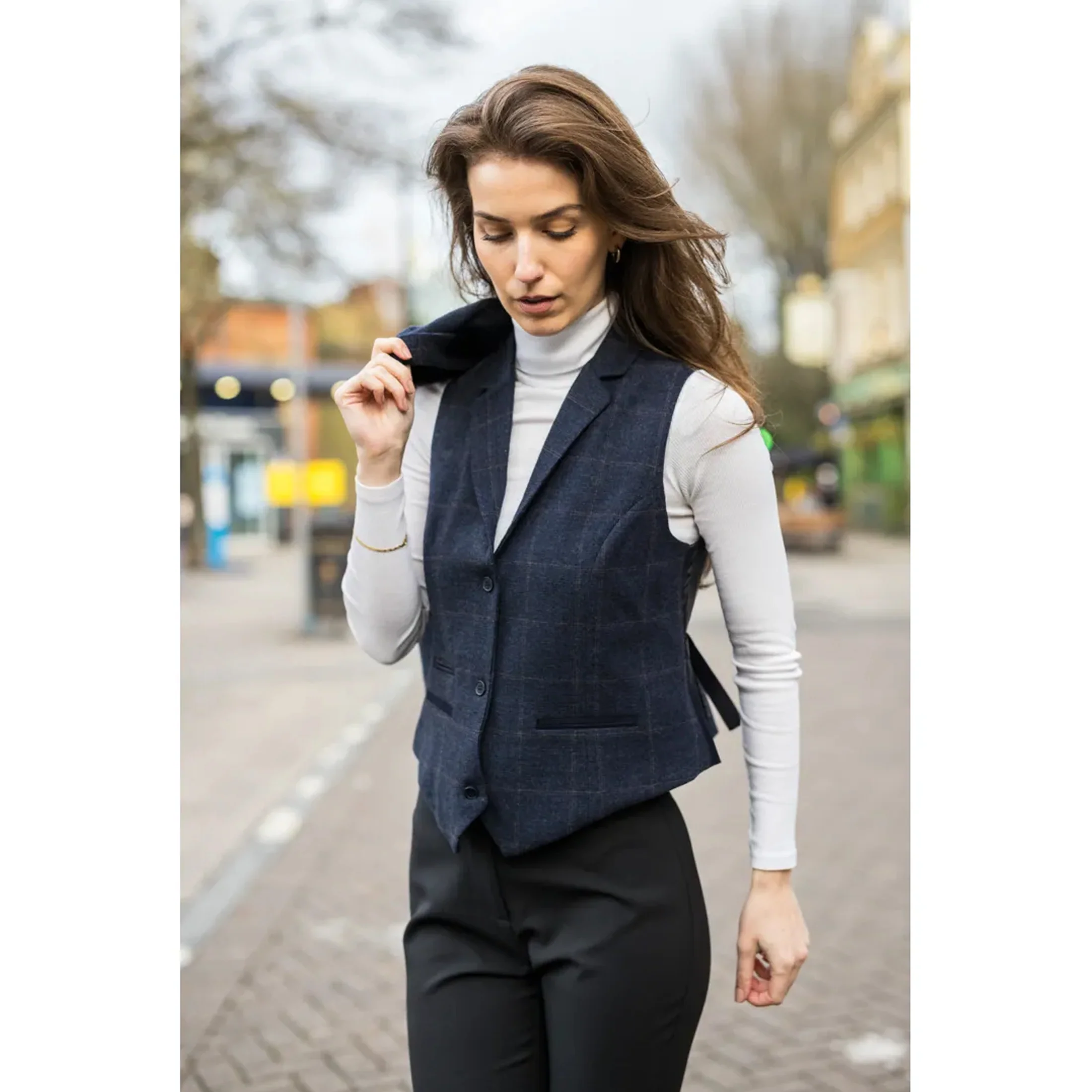 Women's Navy Tailored Fit 2 Piece Set Tweed Formal Blazer Waistcoat