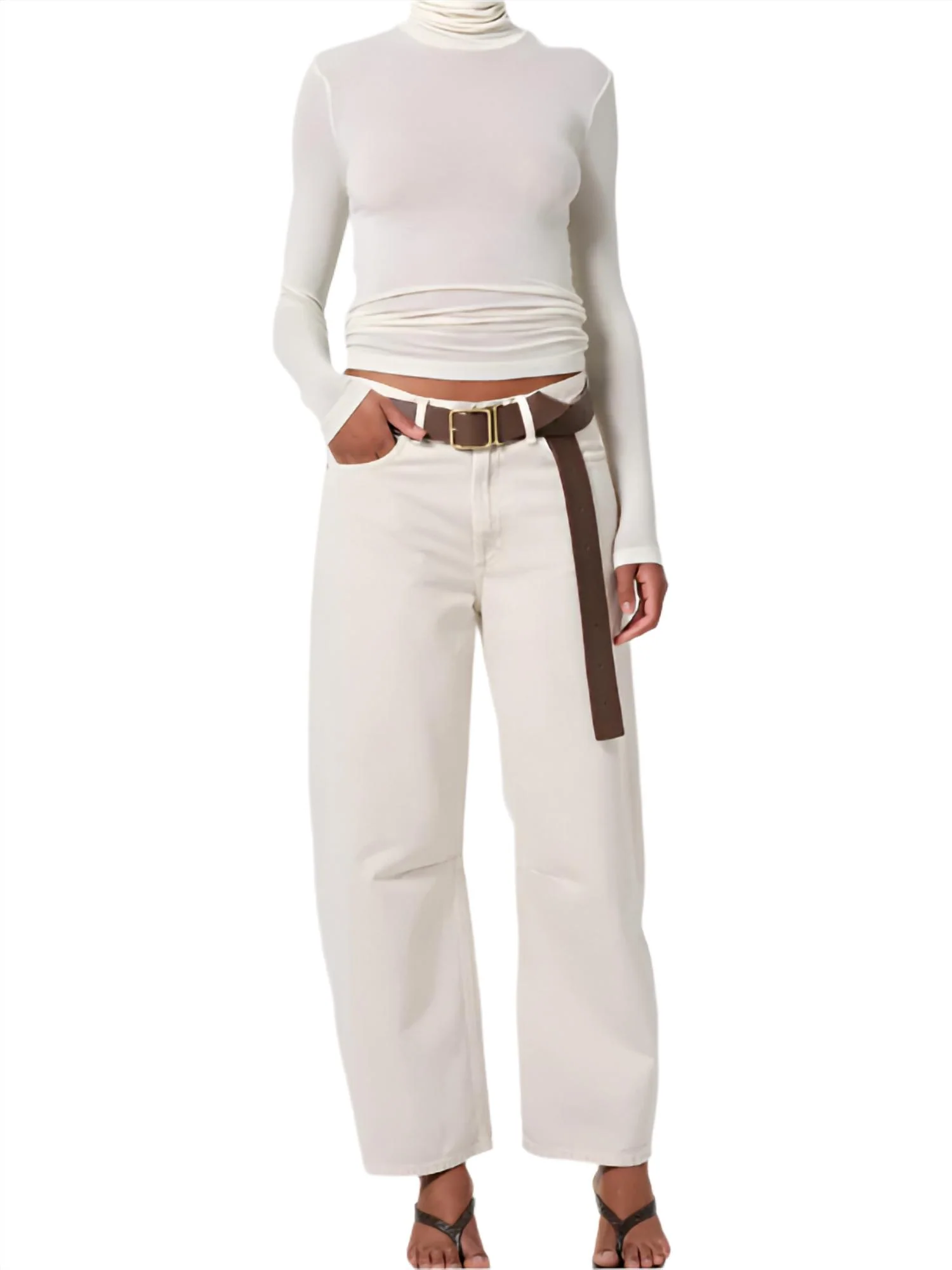 Relaxed Barrel Leg High Rise Jean In Almondette