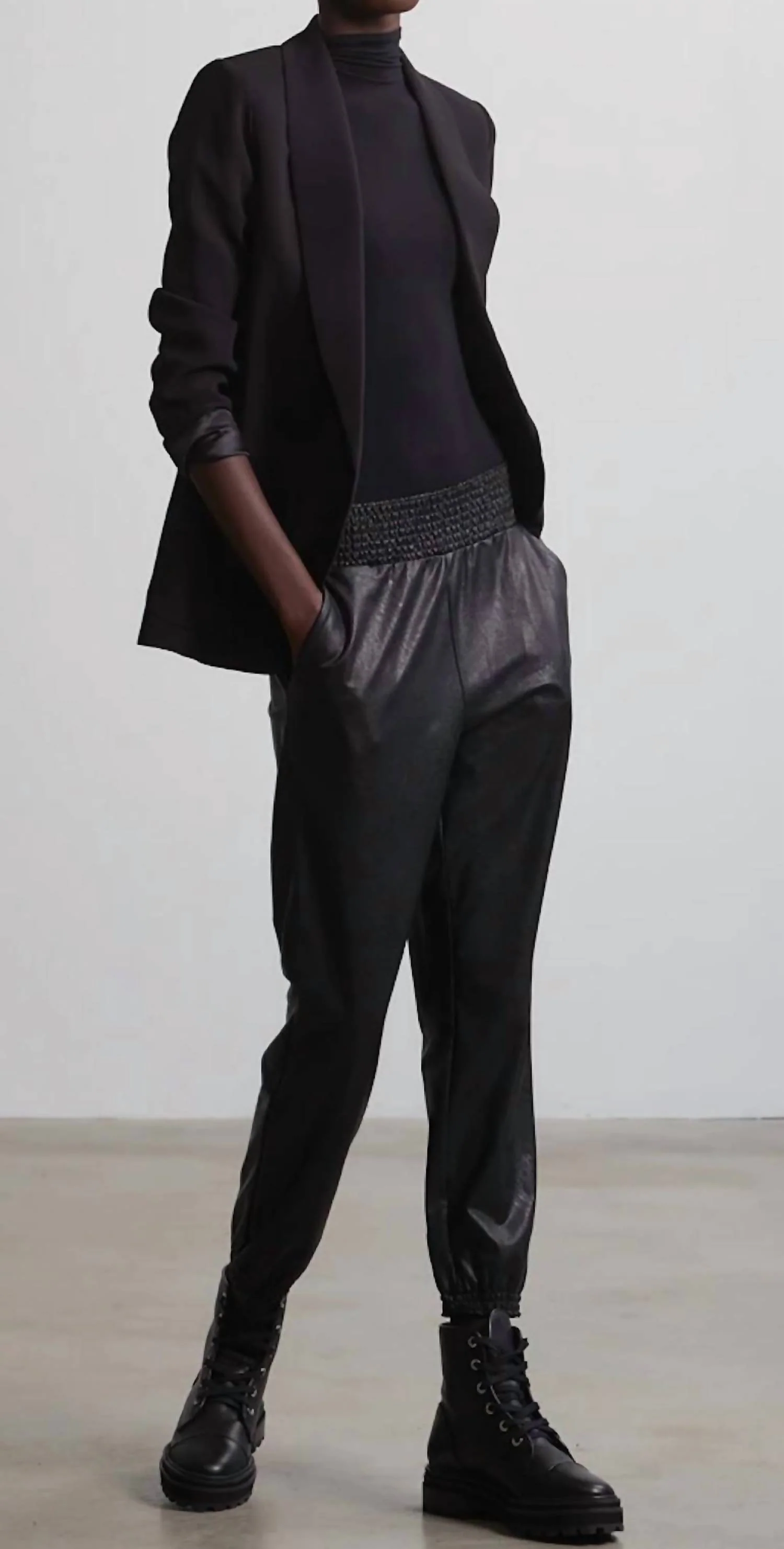 Faux Leather Jogger With Elastic Waist & Hem In Black