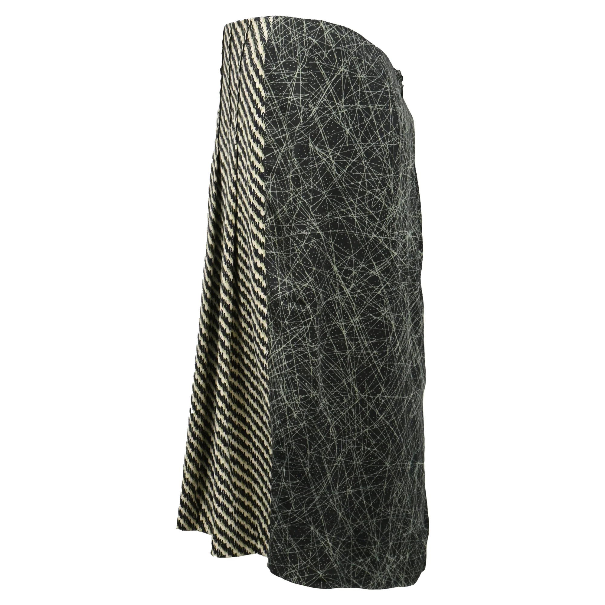 Bottega Veneta Abstract Print Pleated Midi Skirt in Black Silk