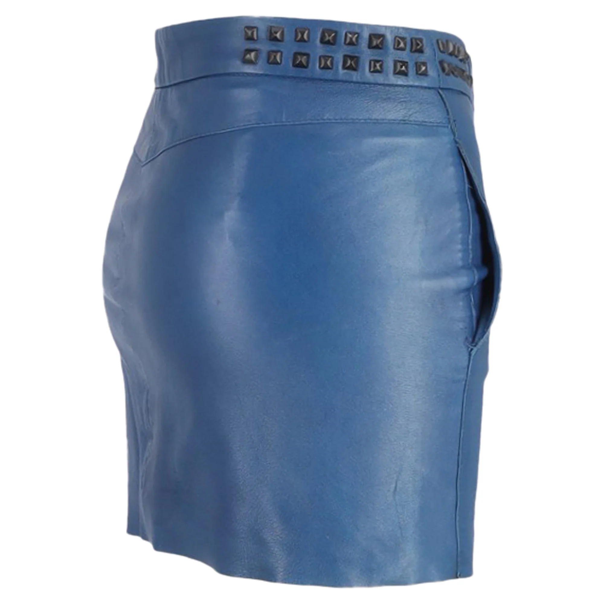 Maje Studded Mini Pencil Skirt in Blue Leather