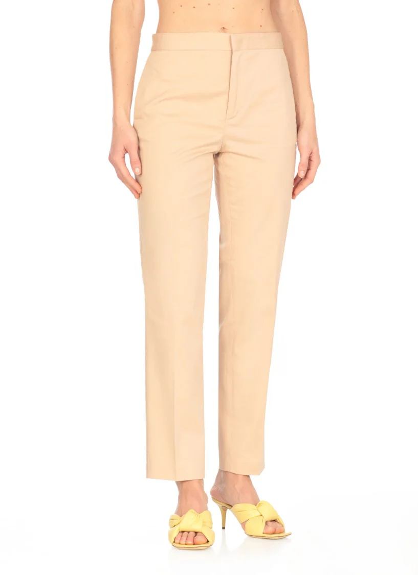 Tailored Beige Cotton Pants With Side Slit Pockets