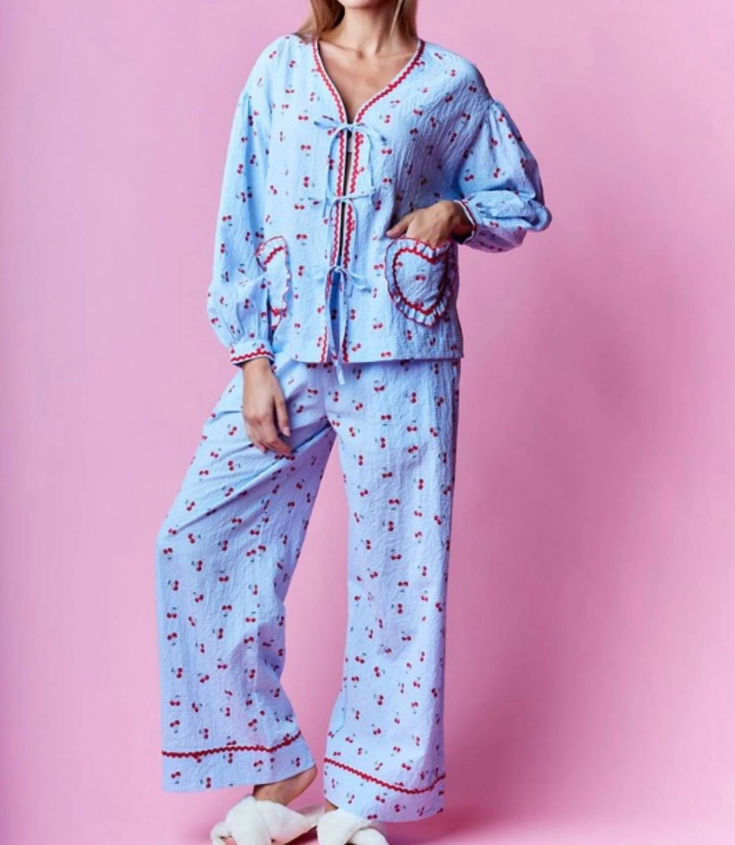 Cherry Heart Pajama Setset In Blue