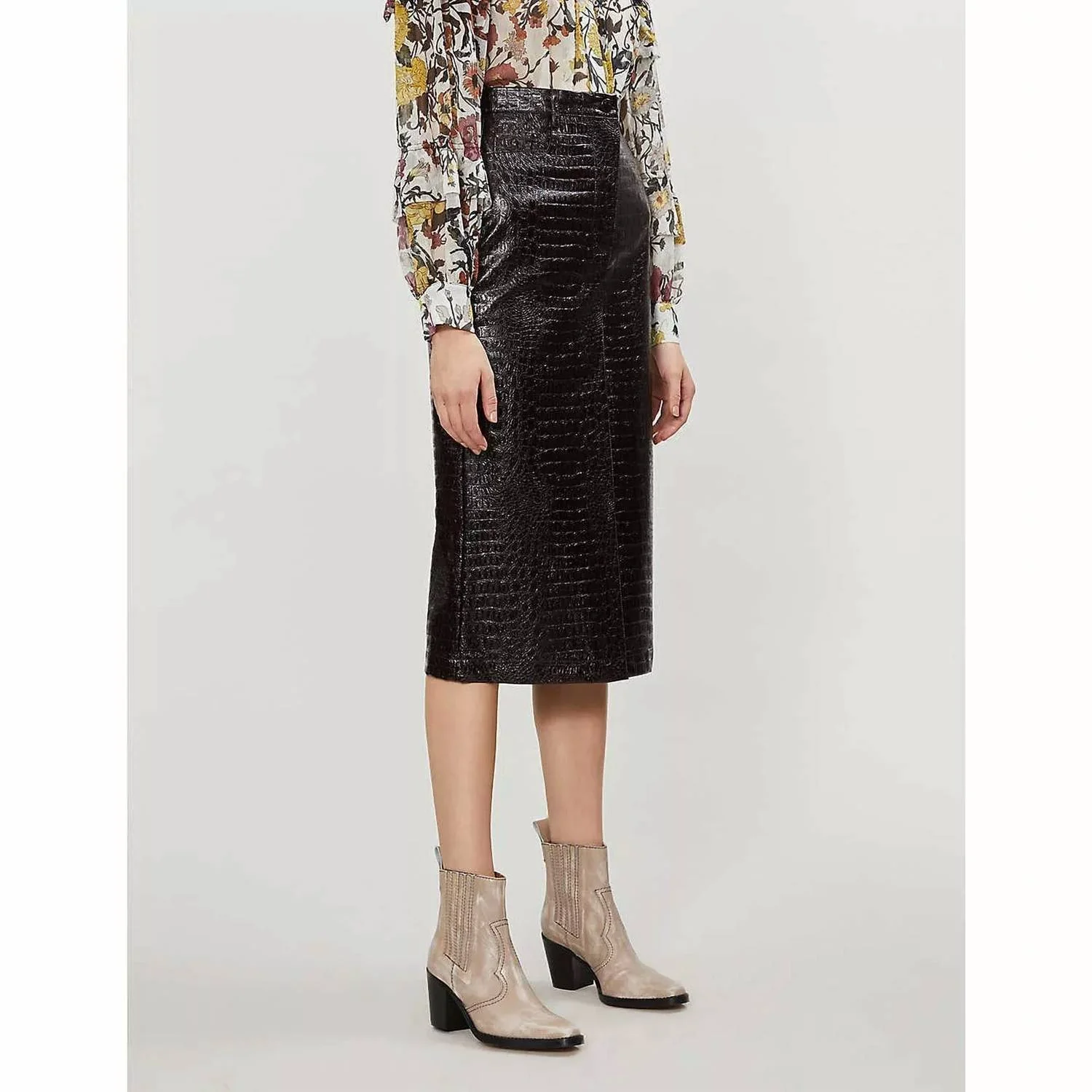 Croc Embossed Vinyl Faux Leather Pencil Skirt In Brown