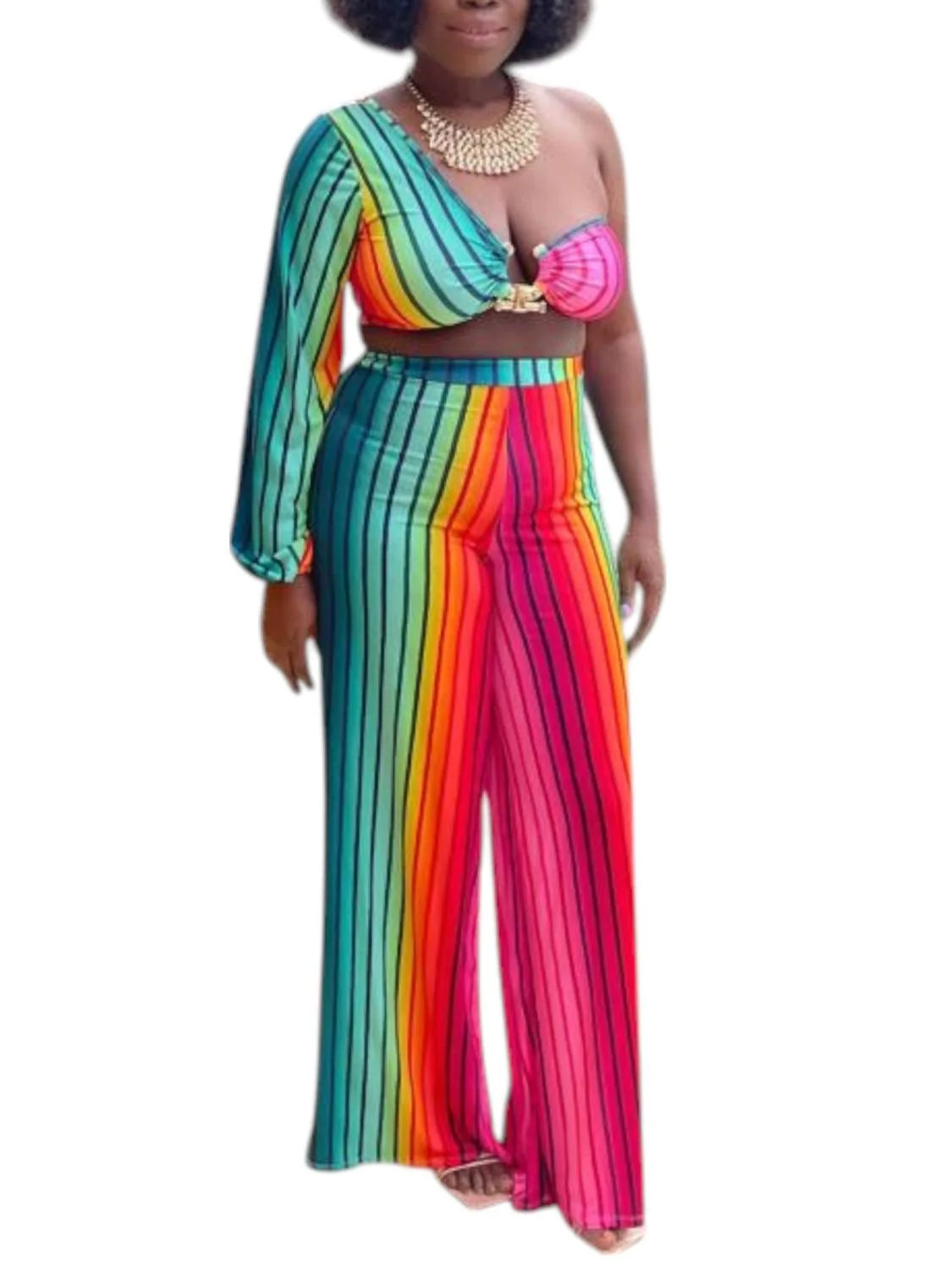 Day Out Crop Top And High Waist Pants Set In Multi Color