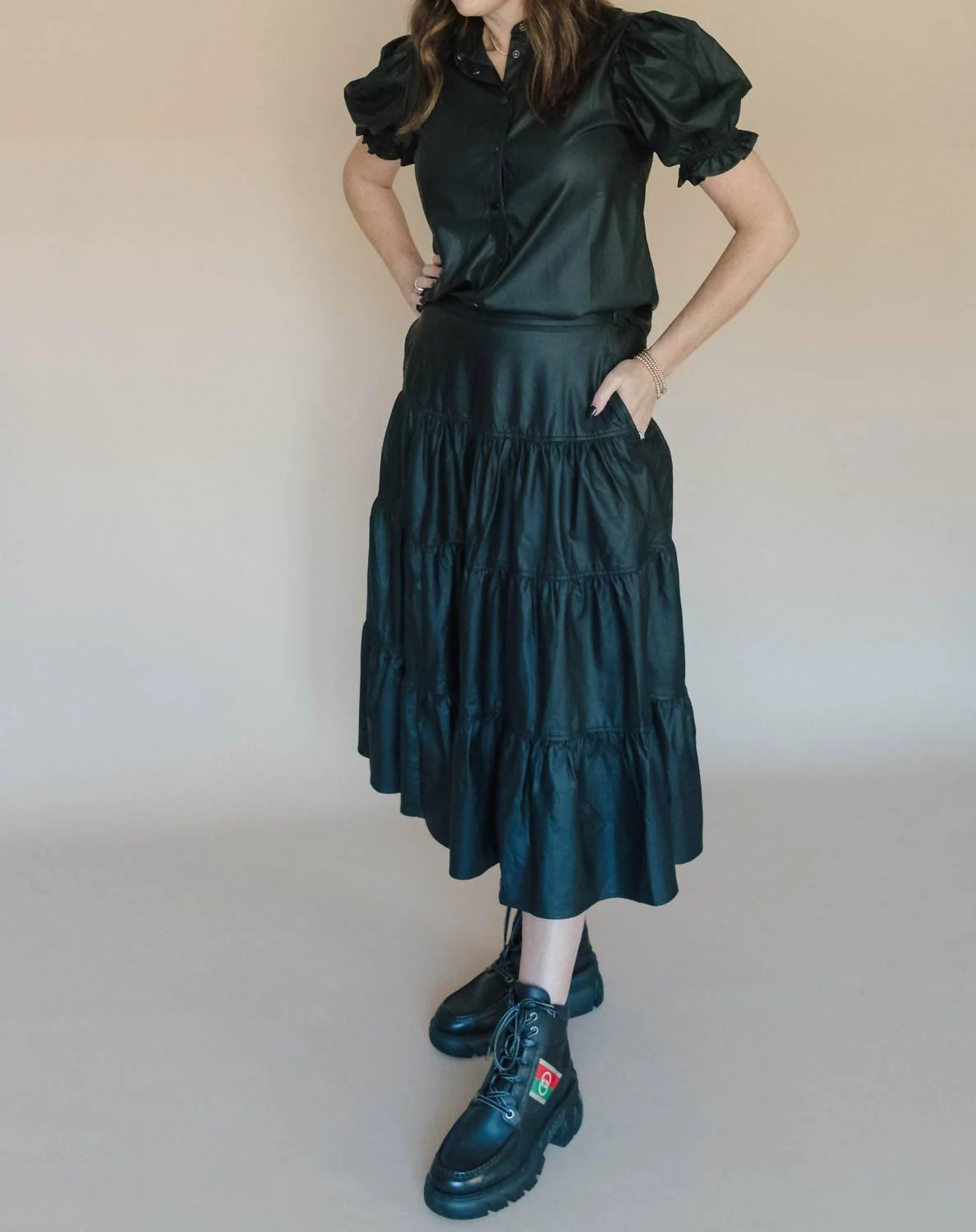 Hammer To The Heart Faux Leather Skirt Set In Black