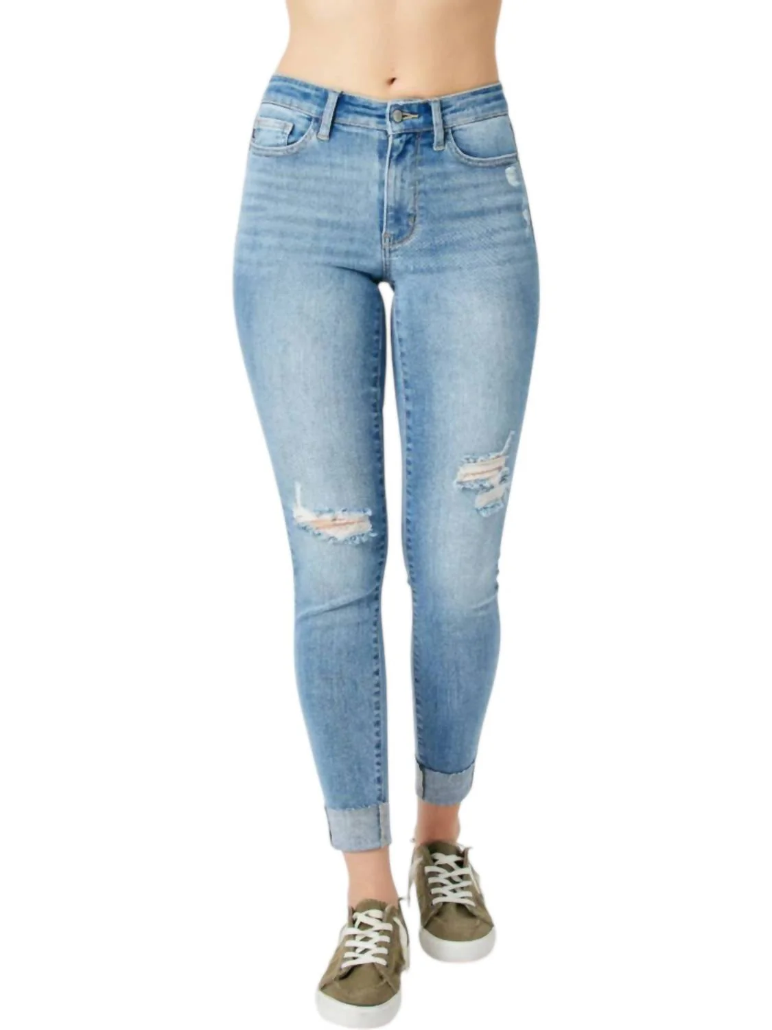 Destroy & Cuff Skinny Jeans In Blue