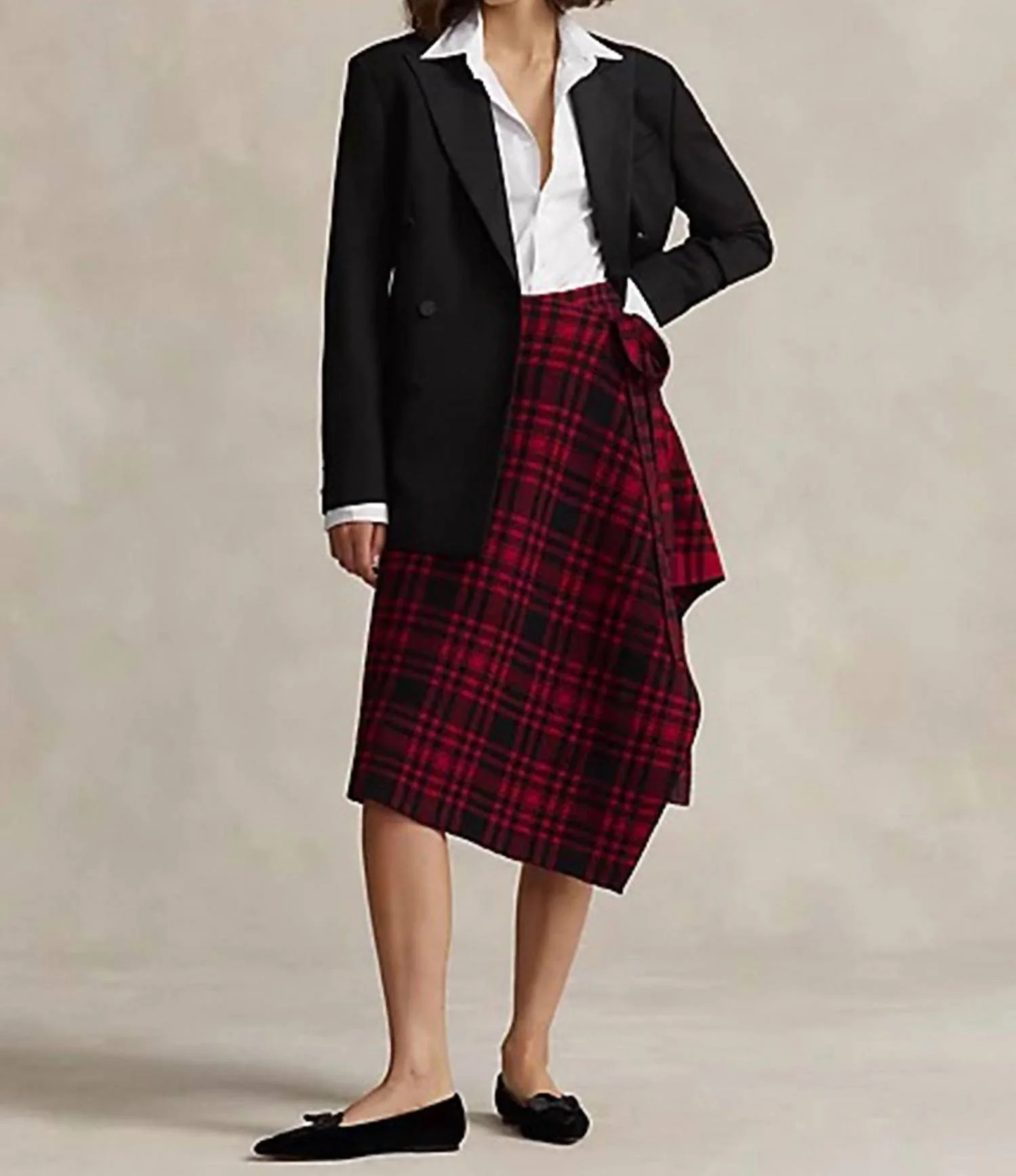 Plaid-Check Wool Wrap Skirt In Red/black Plaid