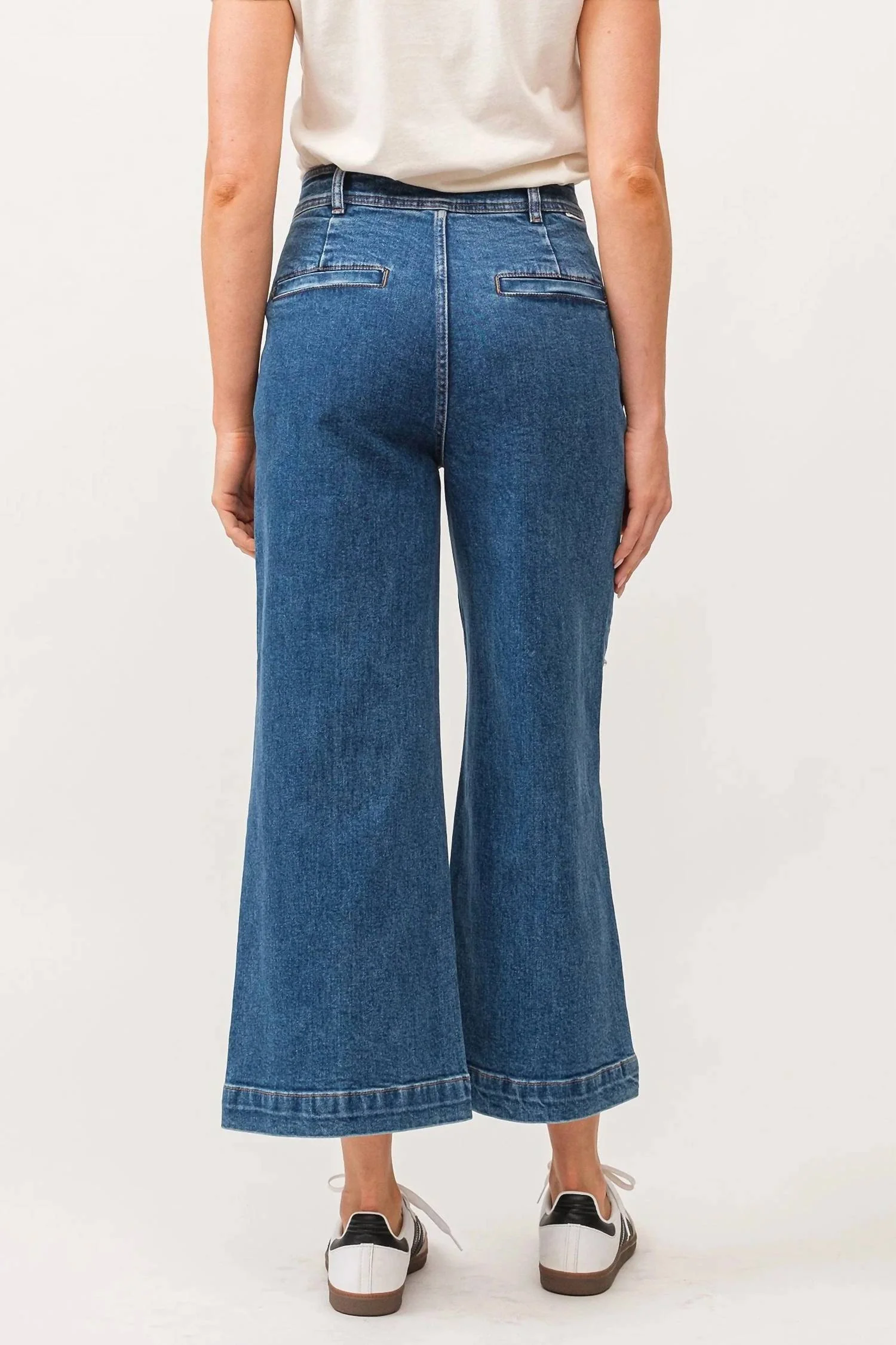 Audrey High Rise Cropped Wide Leg Jeans Embellished In Medium Wash