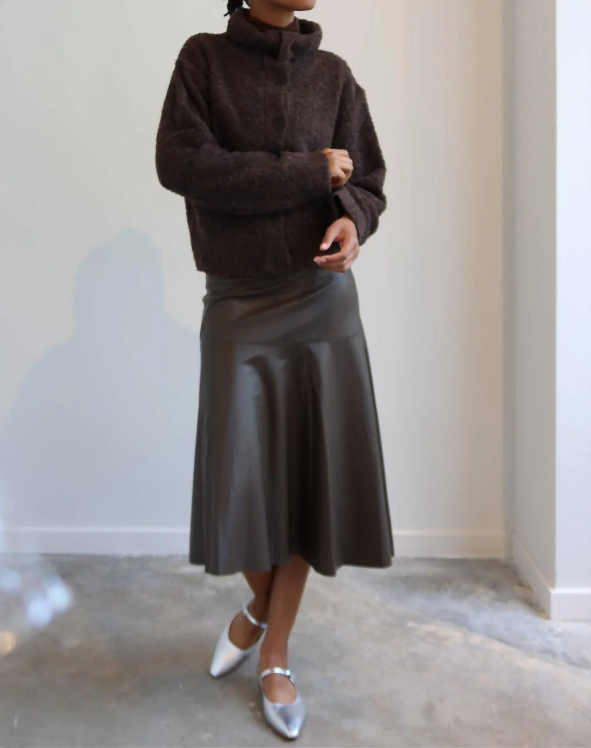 Asymmetrical Vegan Leather Midi Skirt In Brown