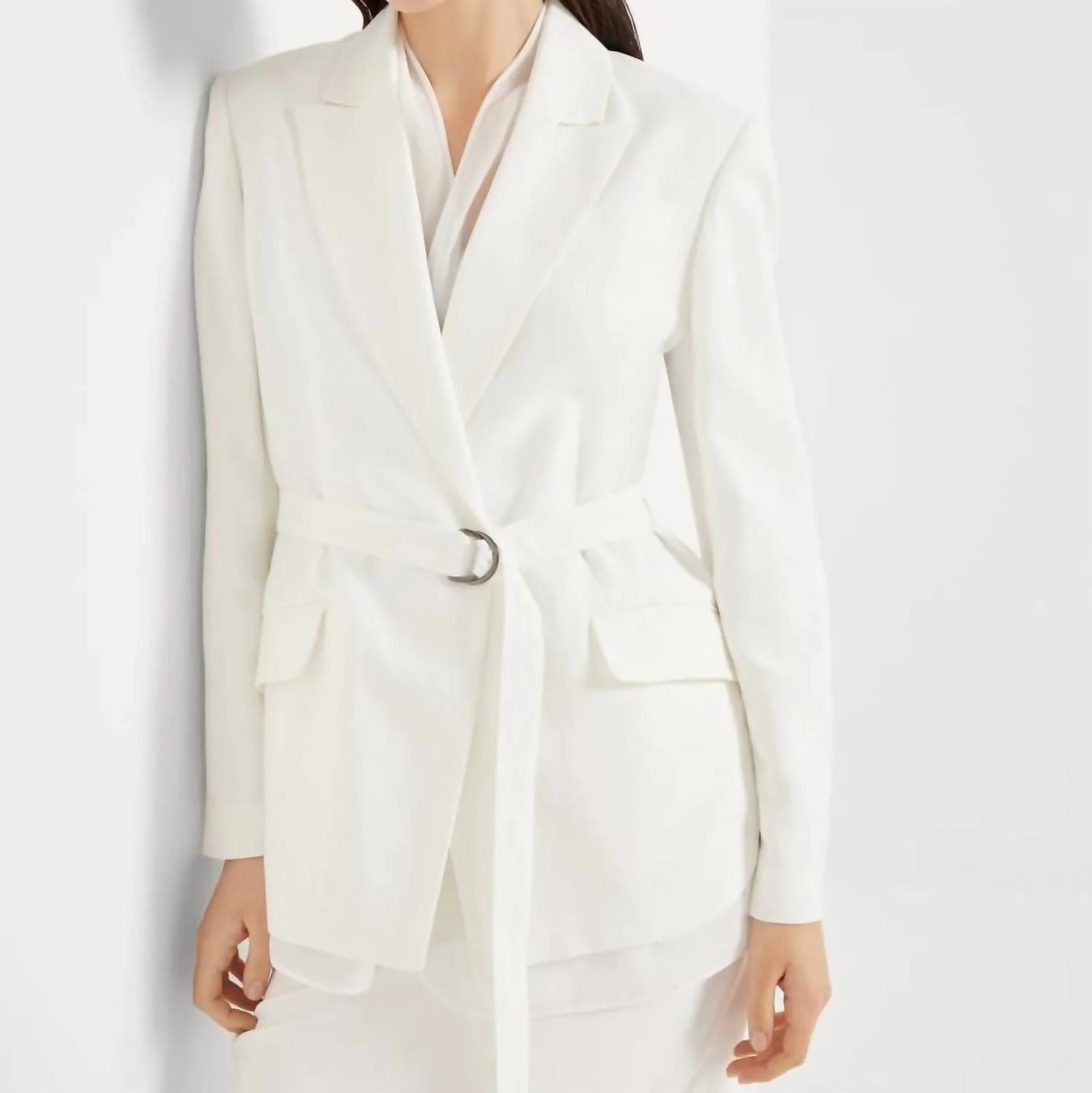 Viscose Linen Blazer With Belt And Monili In White