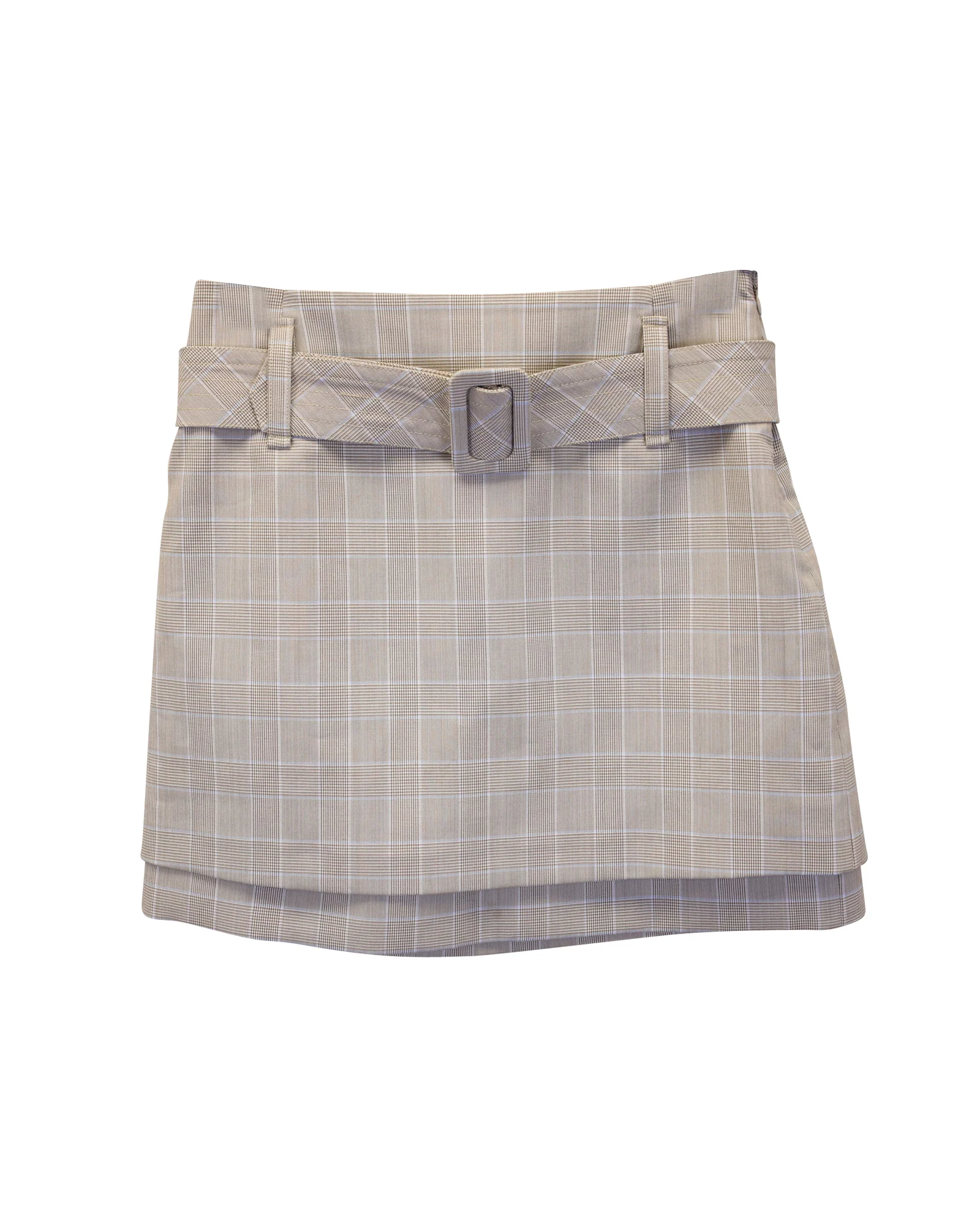 Maje Jikam Belted Checked Layered Mini Skirt in Beige Viscose
