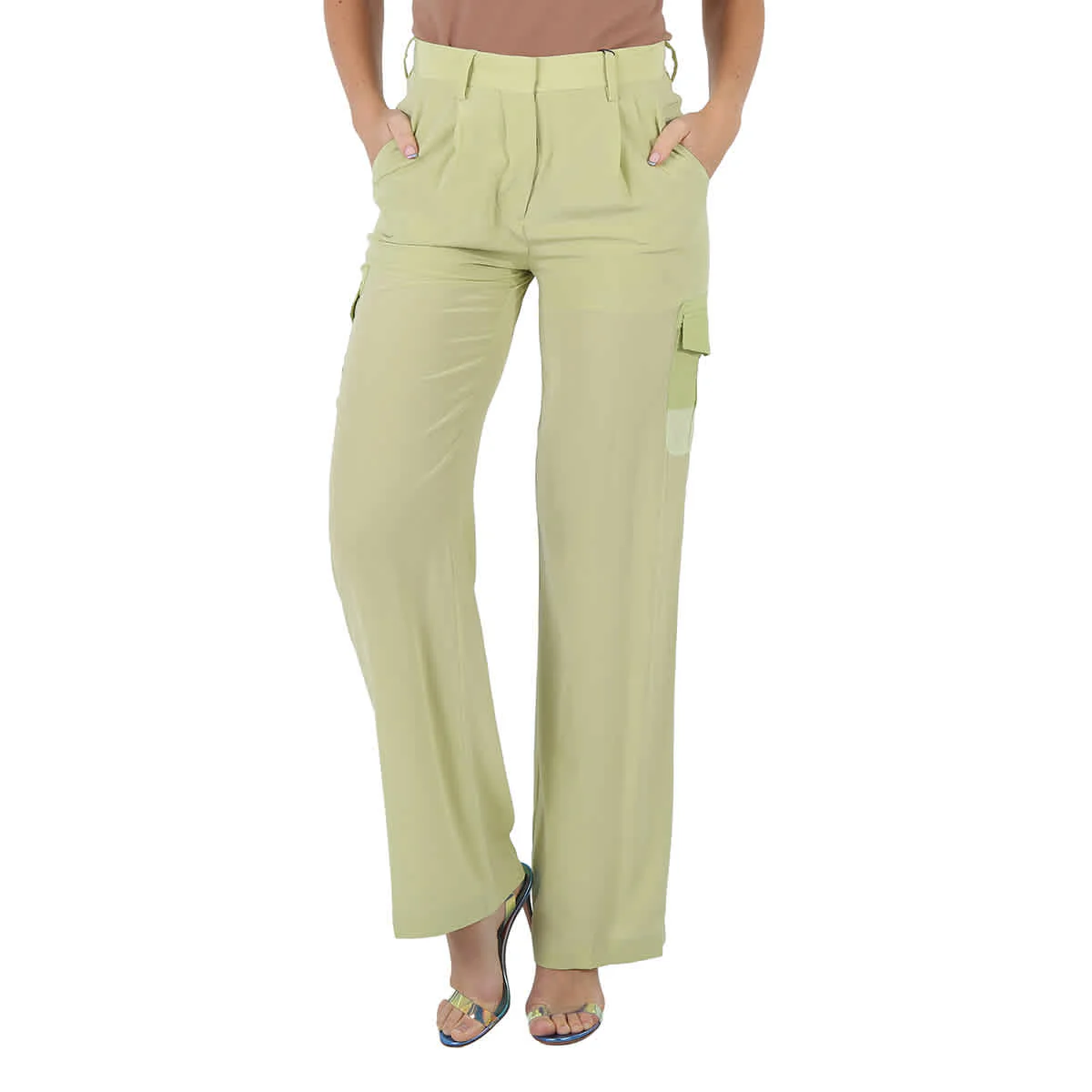 Burberry Ladies Mist Green Nell Mid-Rise Silk Crepe De Chine Cargo Trousers