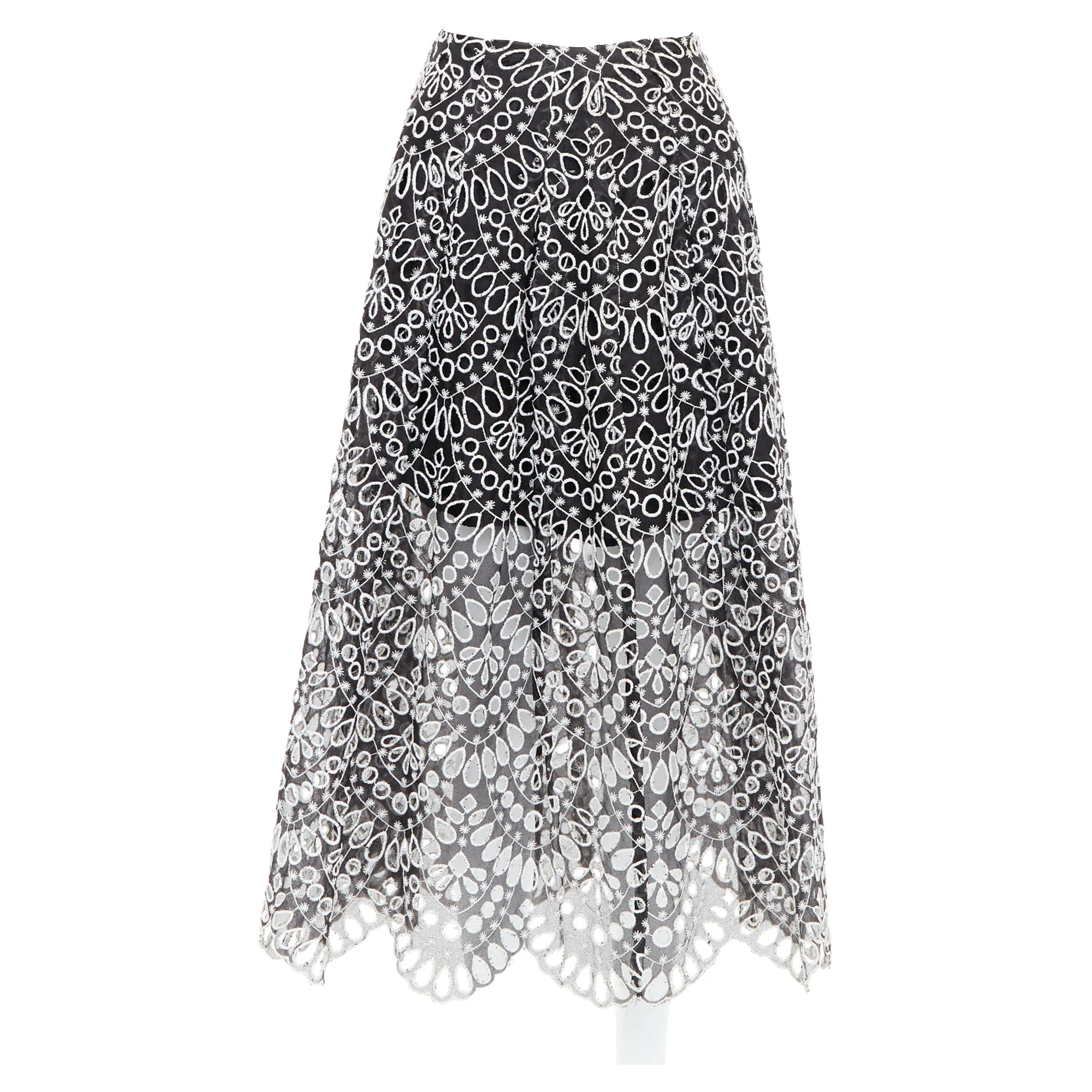 Oscar De La Renta Silk Cotton Embroidery Anglais Skirt
