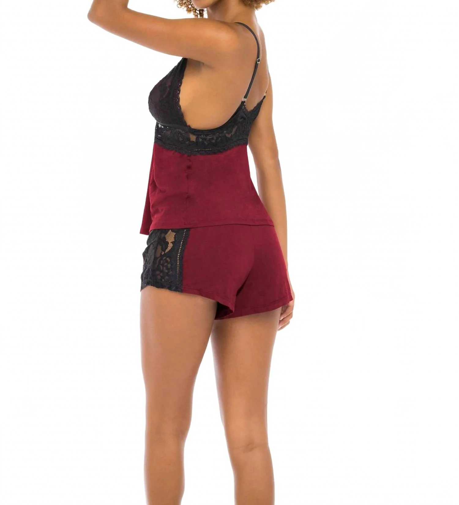 Louella Lace Camisole And Short Set In Rhubarb / Black