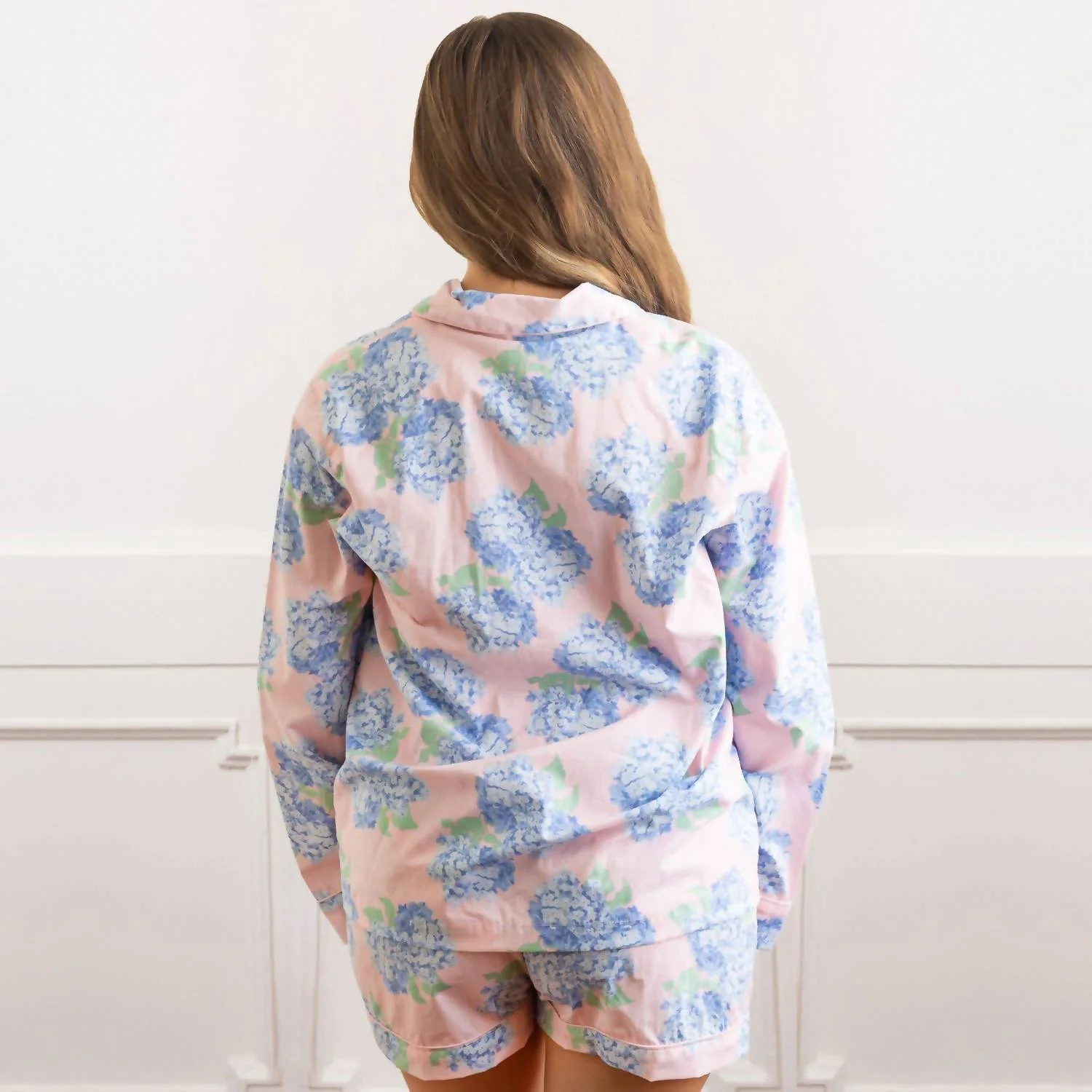 Hydrangea Pj Set With Shorts & Long Sleeve Top In Pink