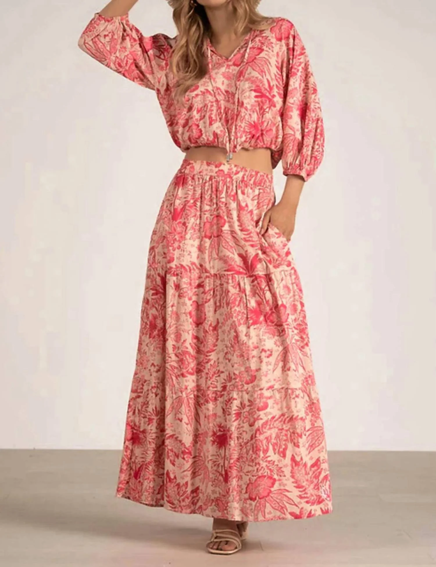 Ibiza Voile Leaf Print Maxi Skirt In Pink