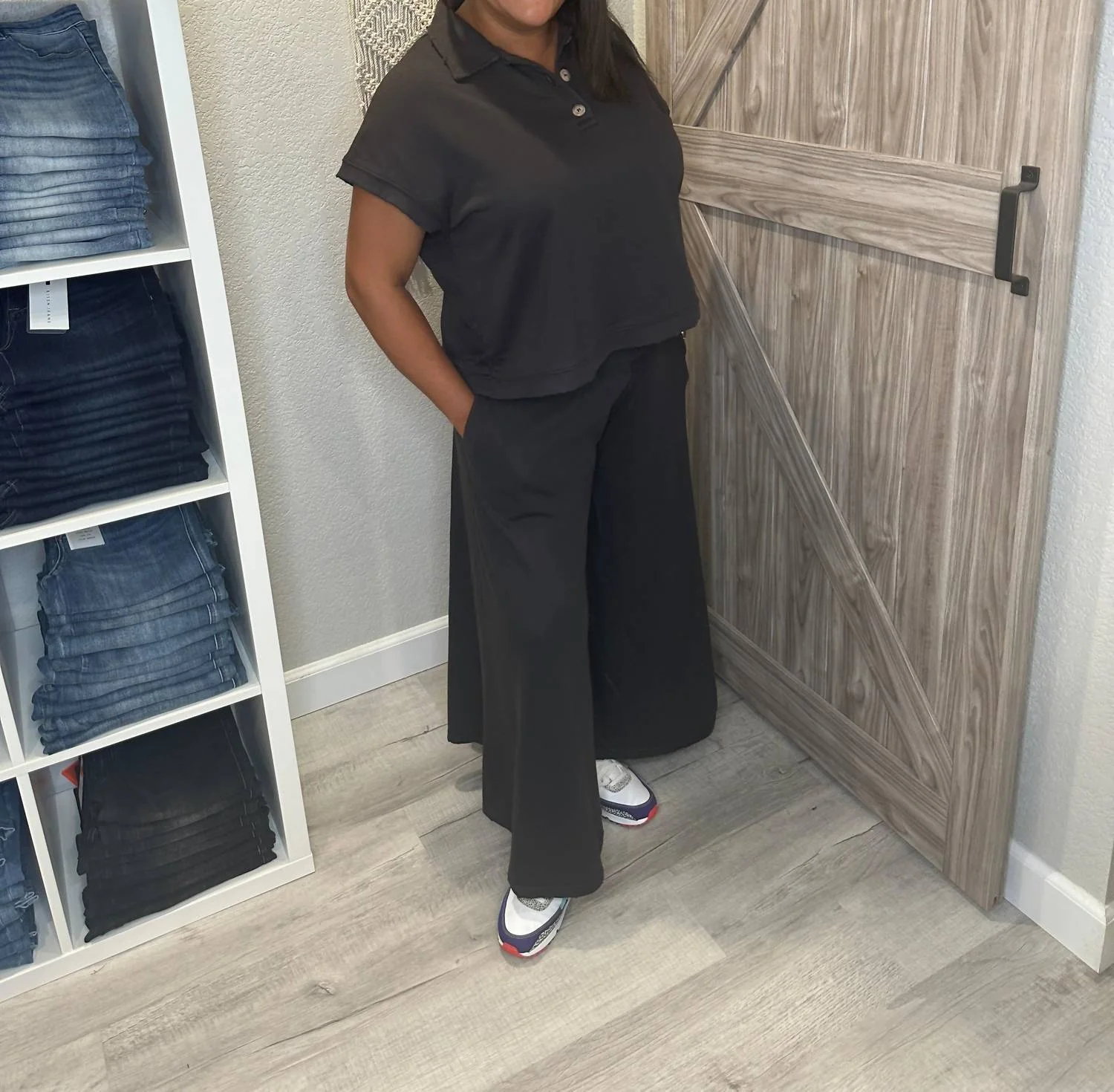 Distressed Top And Wide Leg Pants Matching Set In Faded Black