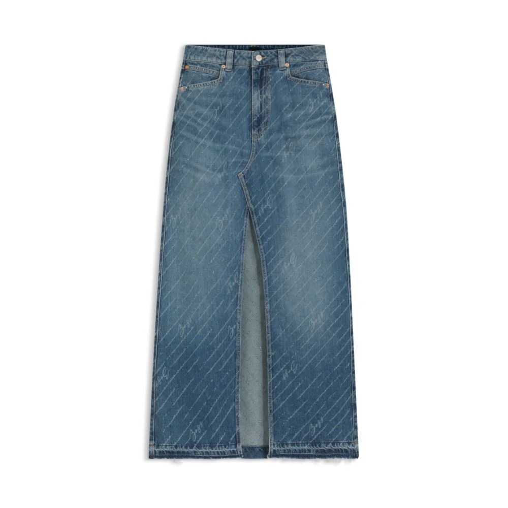 Denim skirt with logo pinstripe pattern and front slit