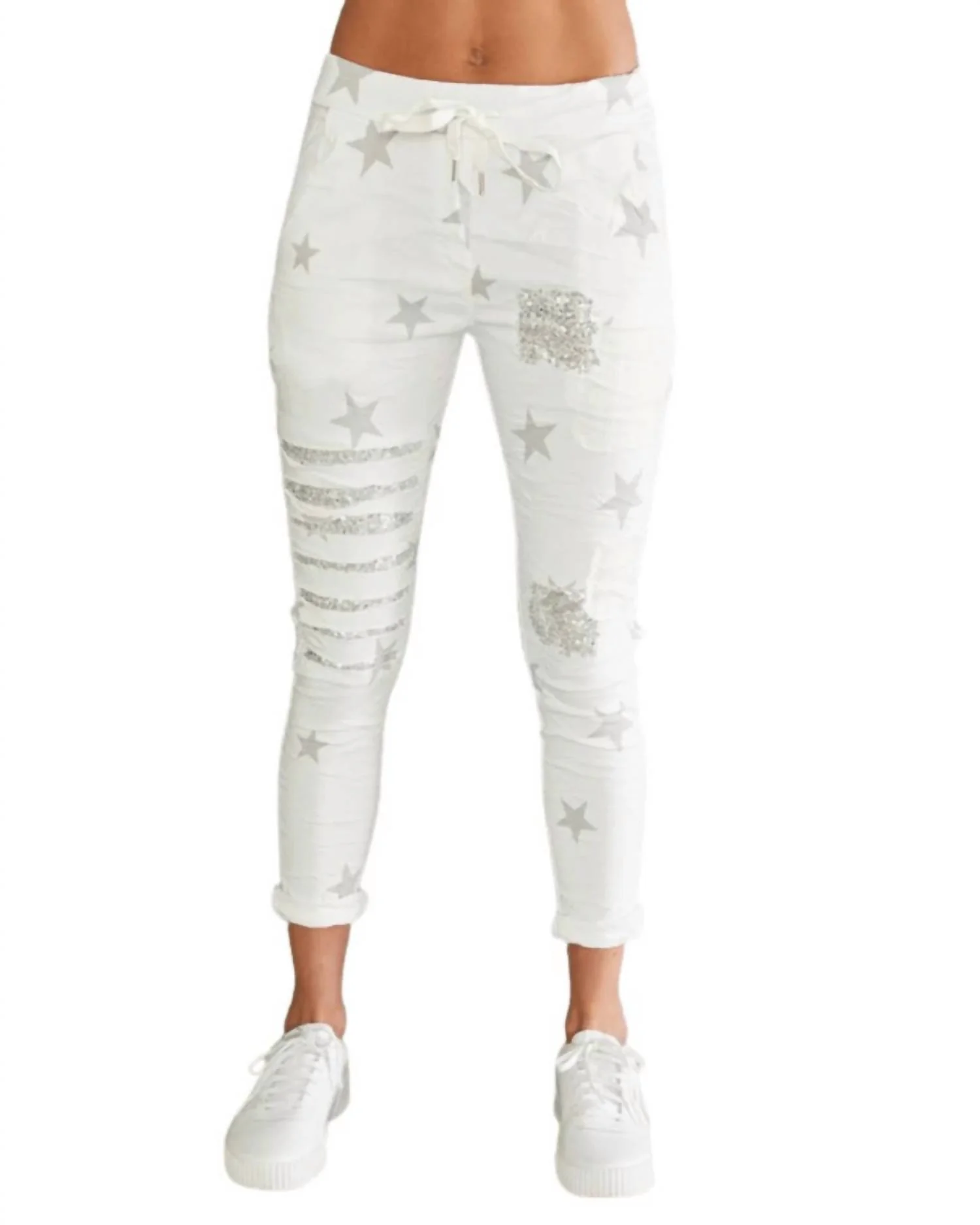 Luce Stellare Embellished Crinkle Joggers In White